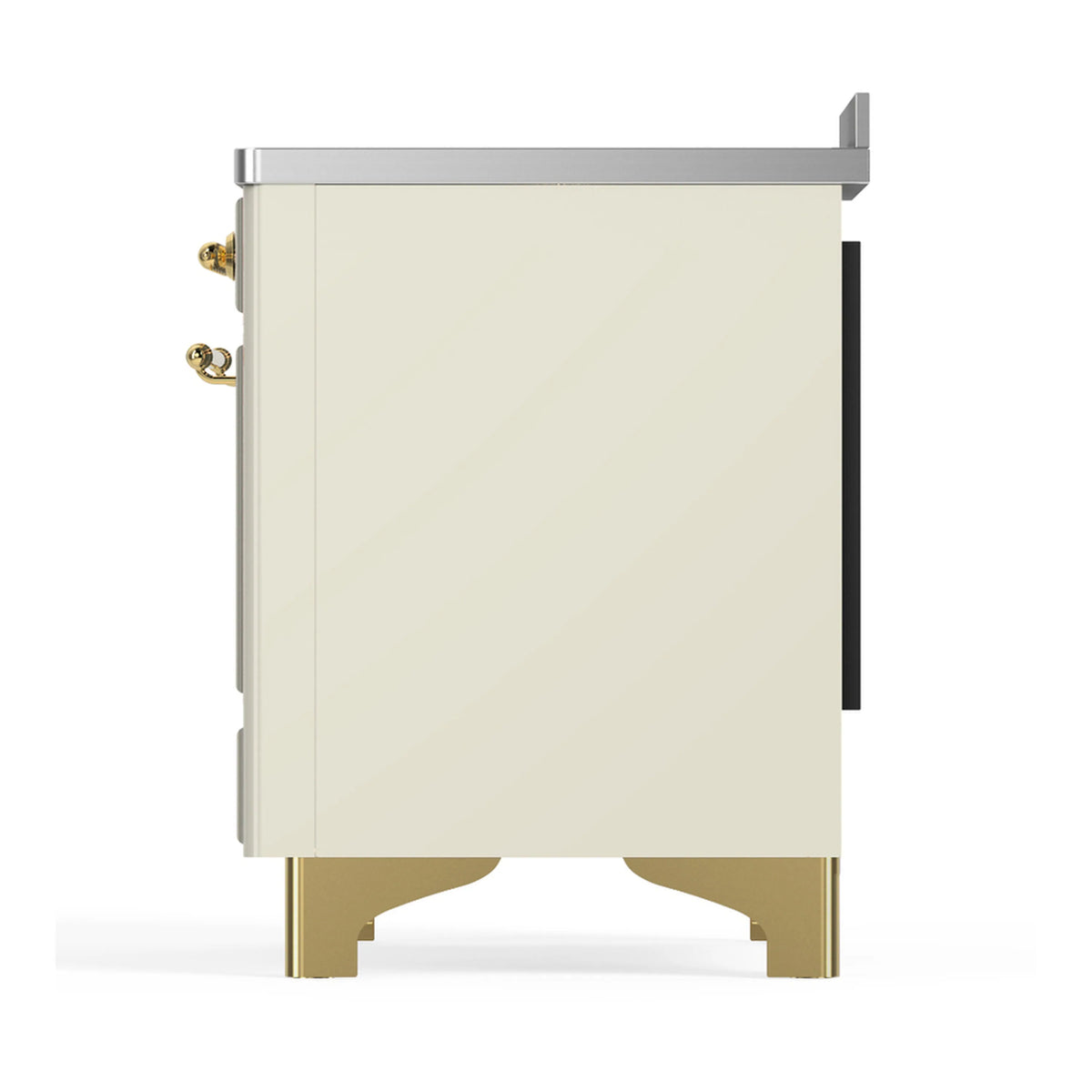 Antique white oven range side panel with brass trim and brass feet