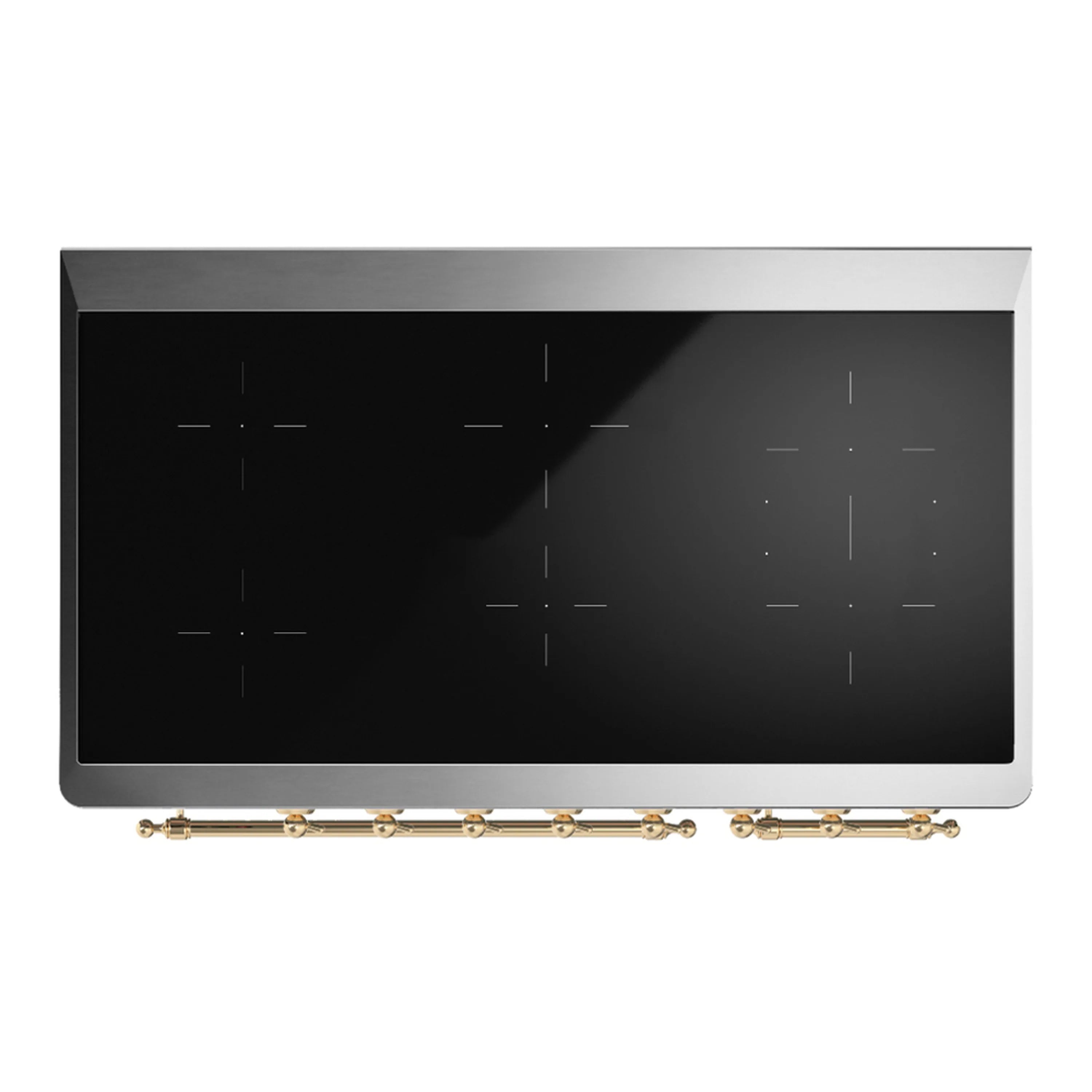 Black induction cooktop glass with brass trim on the range