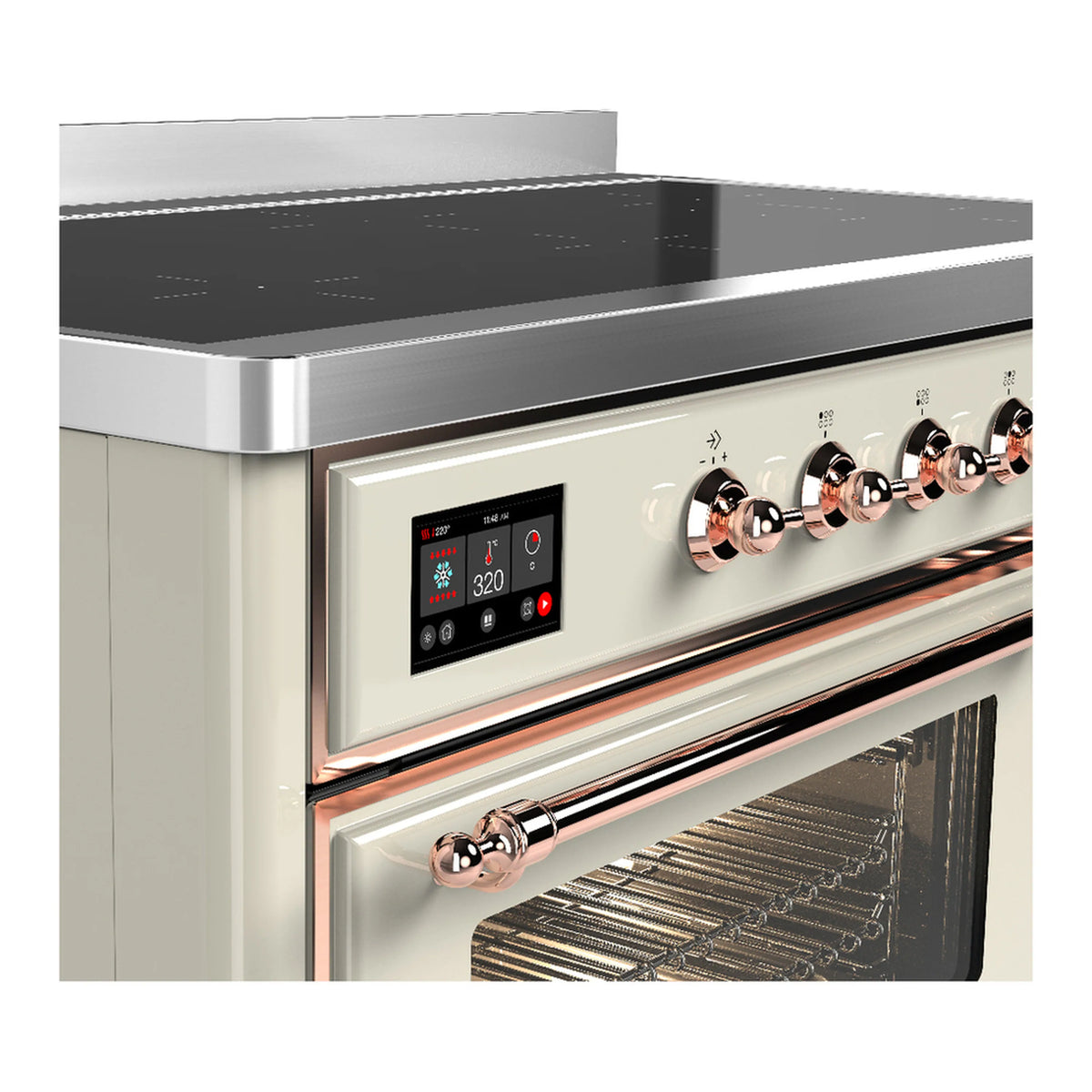 Induction range control panel with digital display and copper control knobs