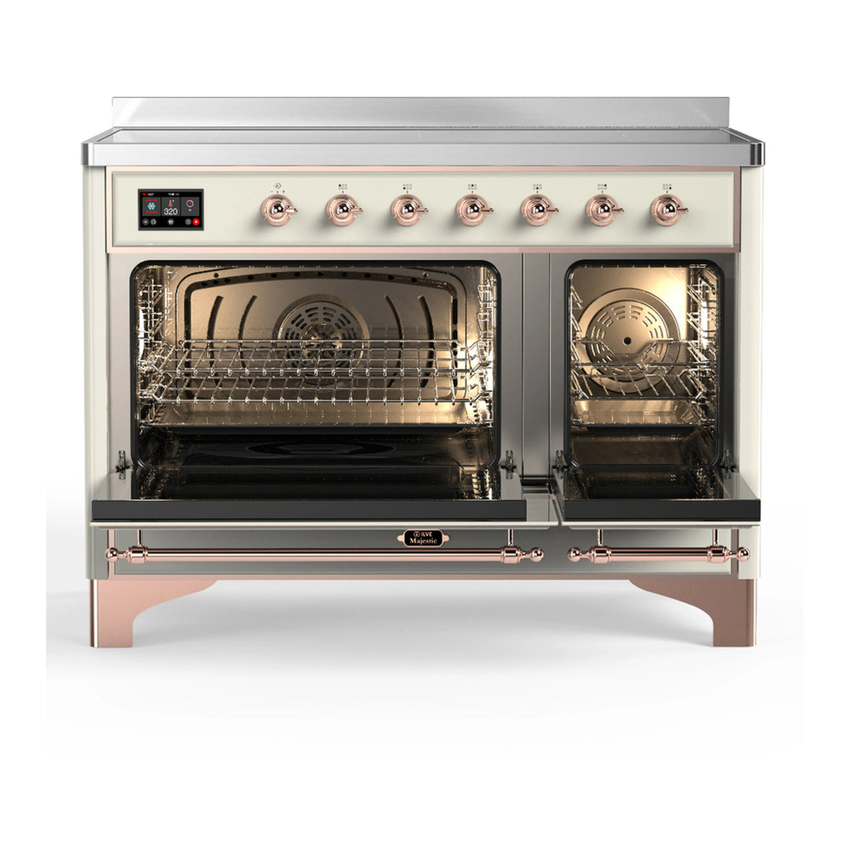 Antique white induction range with copper trim, both oven doors open