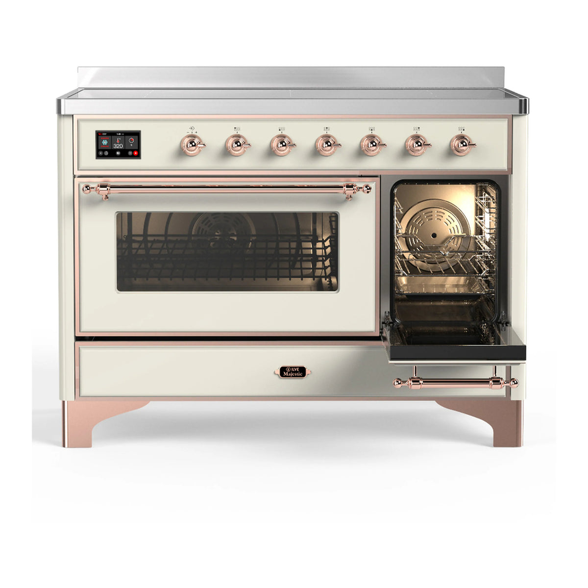 Antique white induction range with copper trim and one oven door open
