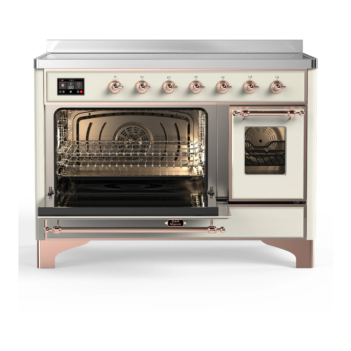 Induction range with both oven doors open, showing racks and interior lights