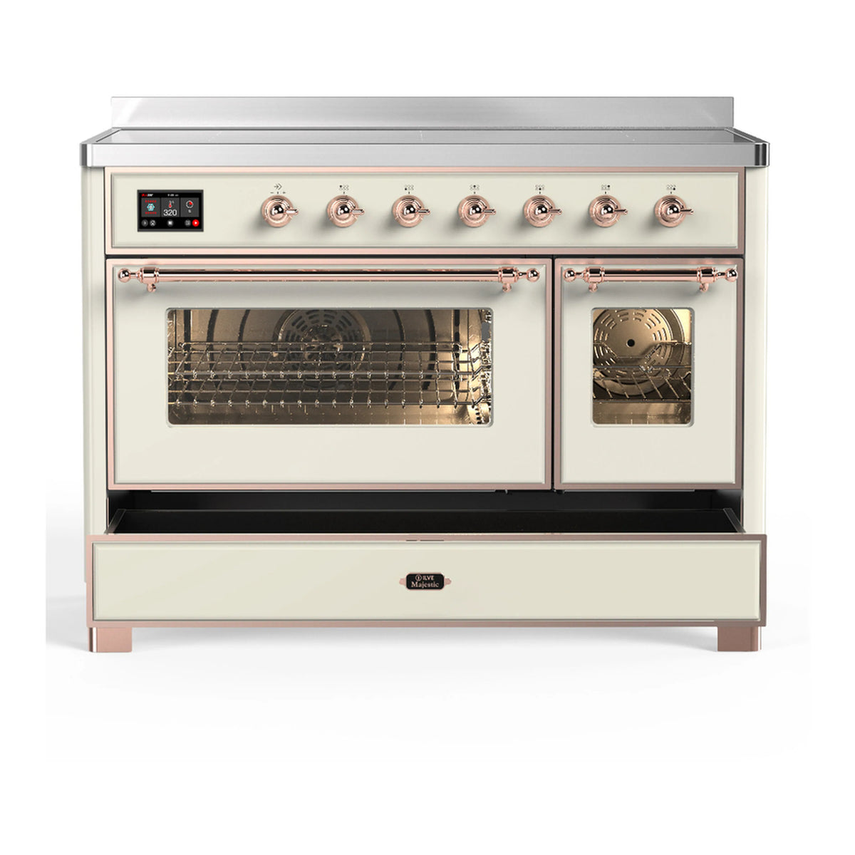 Induction range with copper handles and both ovens closed, control knobs visible