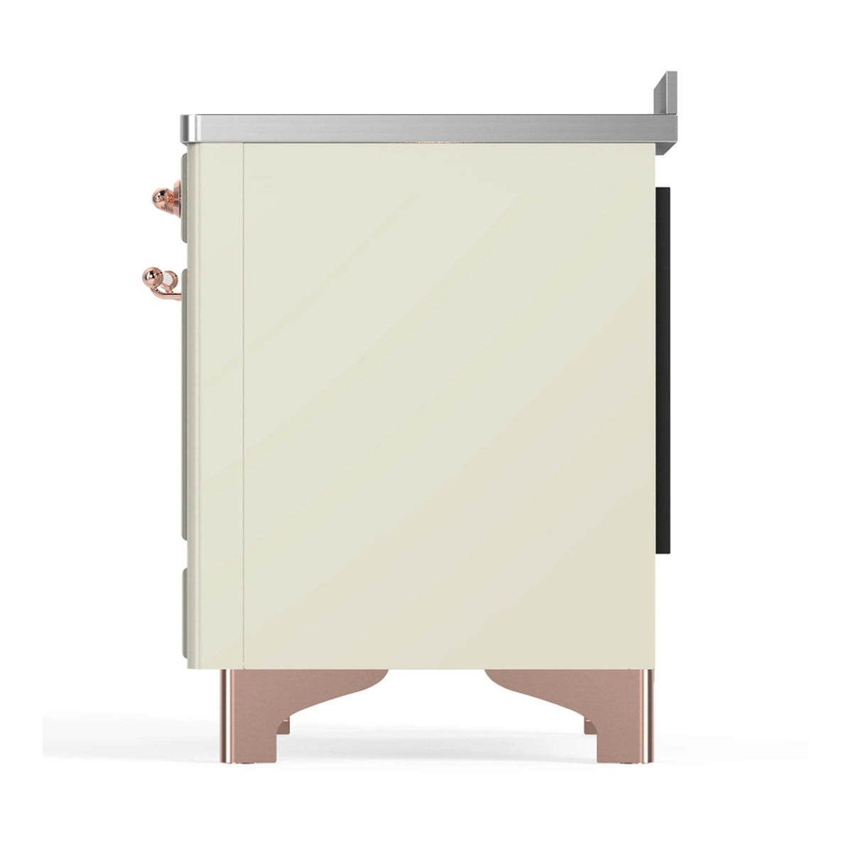 Rear side view of antique white induction range cabinet with copper accents
