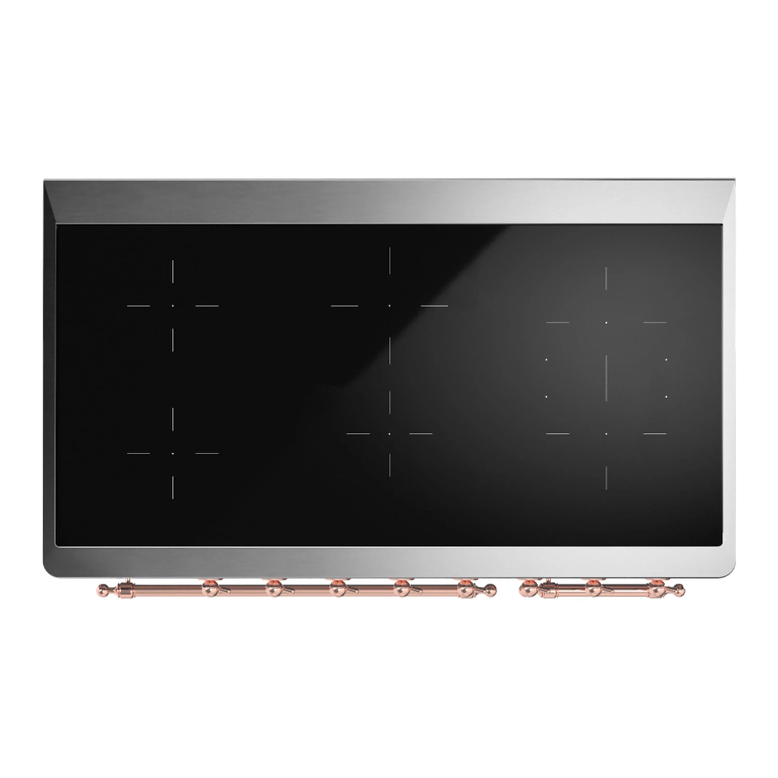 Black glass cooktop with copper trim and knob row along the front edge