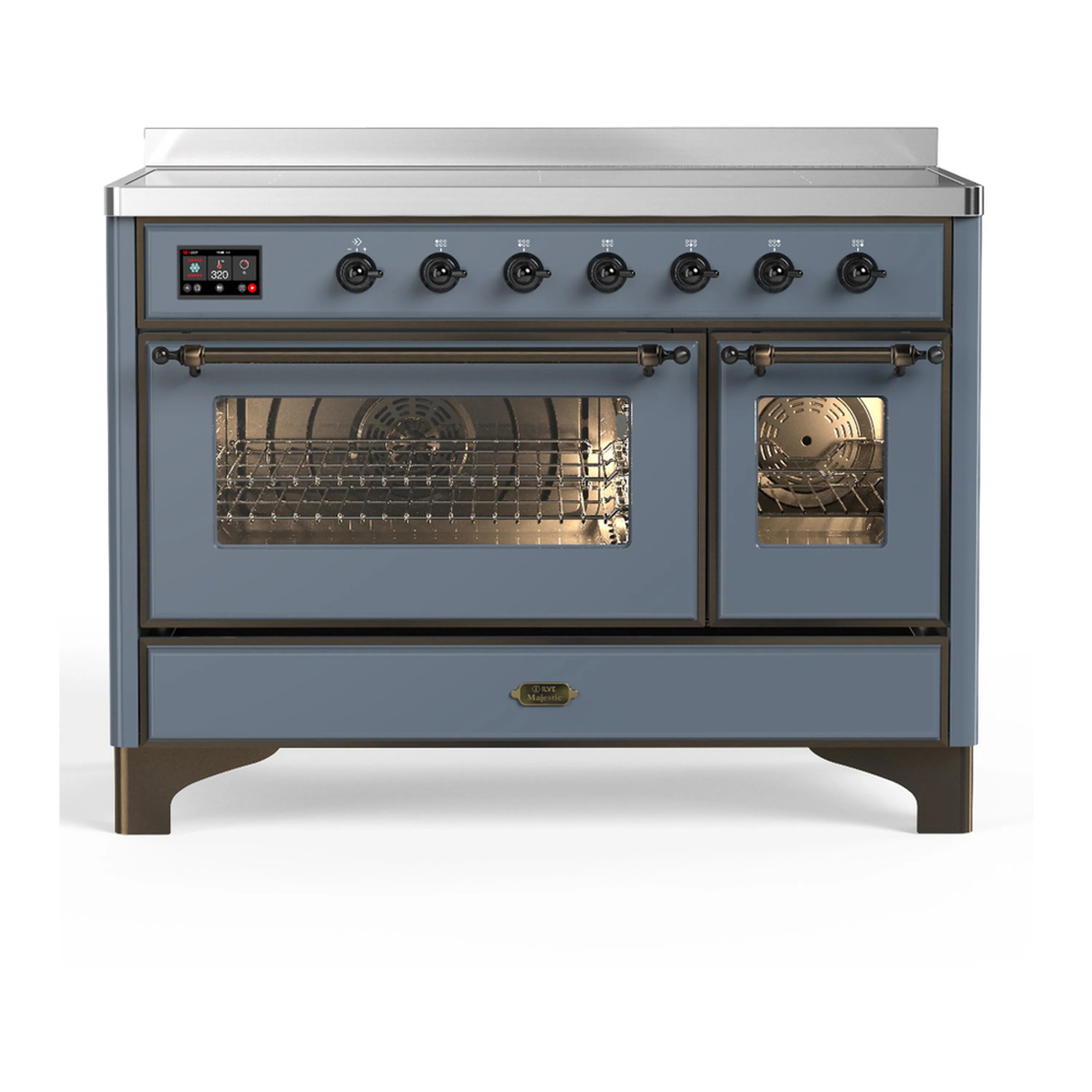 Blue grey induction range with main oven and secondary oven doors open, racks inside.