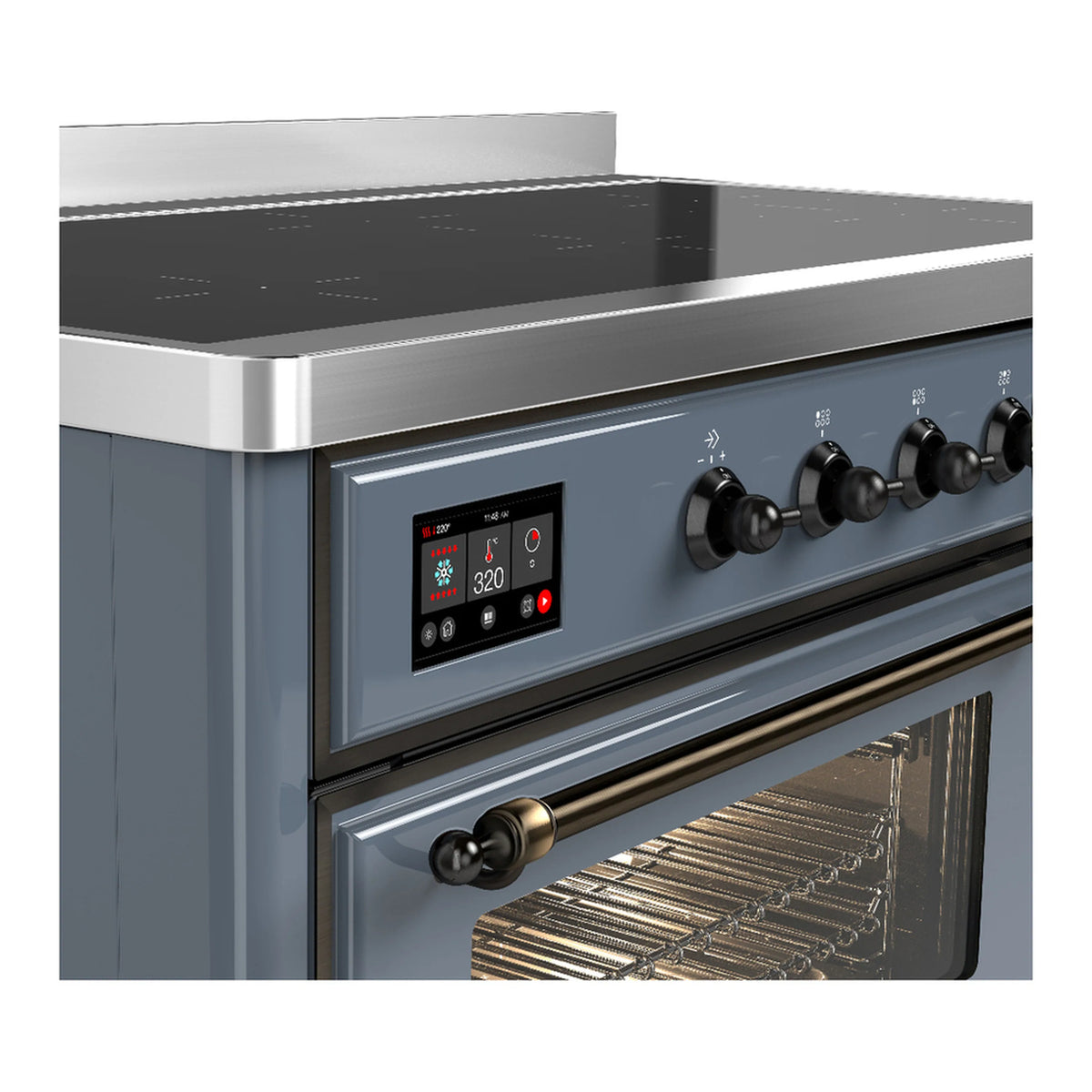 Blue grey induction range control panel with digital display and black knob burners.