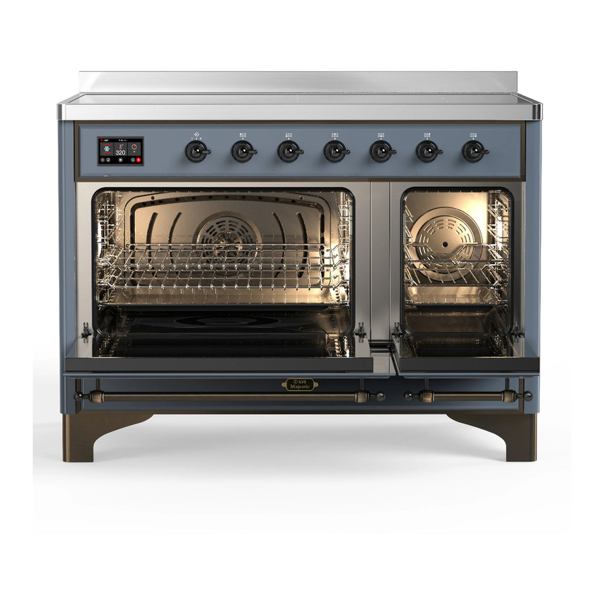 Blue grey electric induction range with both oven doors open, showing racks inside.
