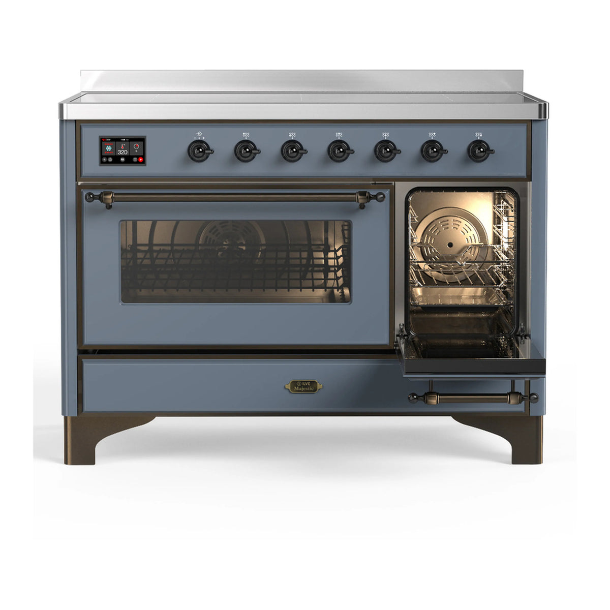 Blue grey induction range with left oven door open and right oven door closed.
