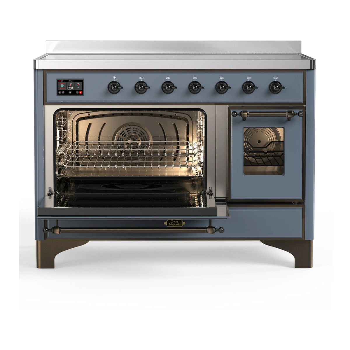 Blue grey induction range with main oven door open and secondary oven door closed.