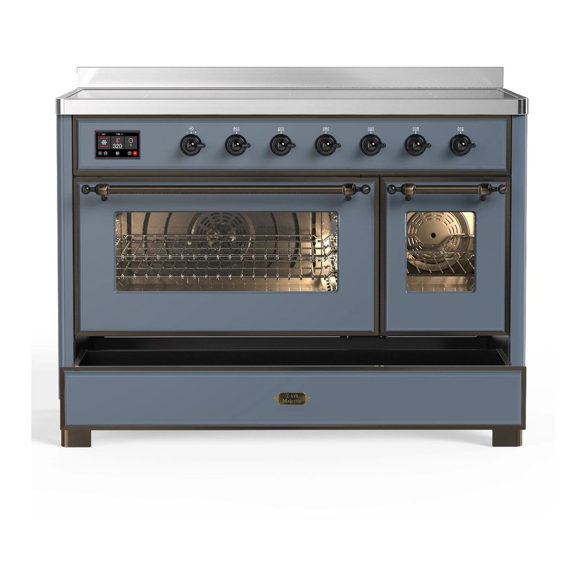 Blue grey induction range with both oven doors partially open and top burners visible.