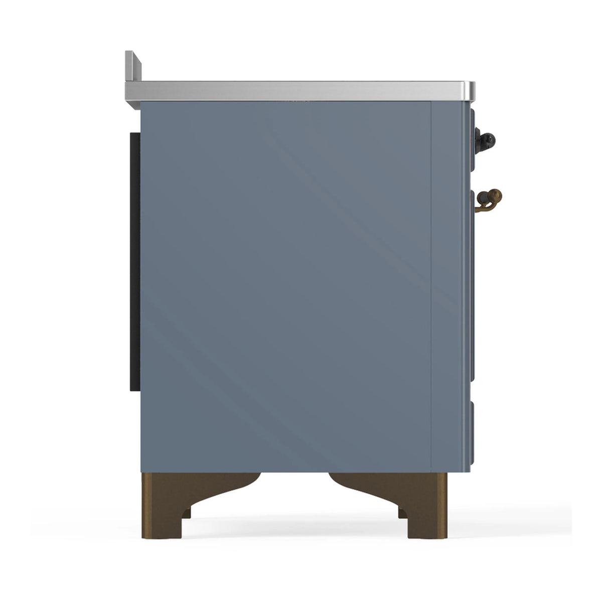 Blue grey rear panel of an induction range with side connections and feet.