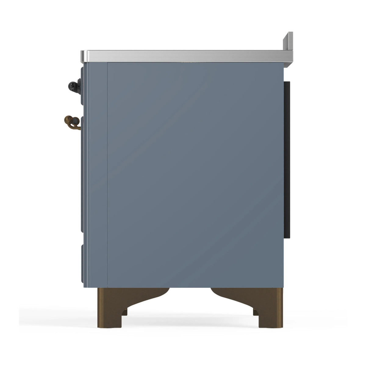 Rear side view of a blue grey induction range cabinet with gold-toned feet.