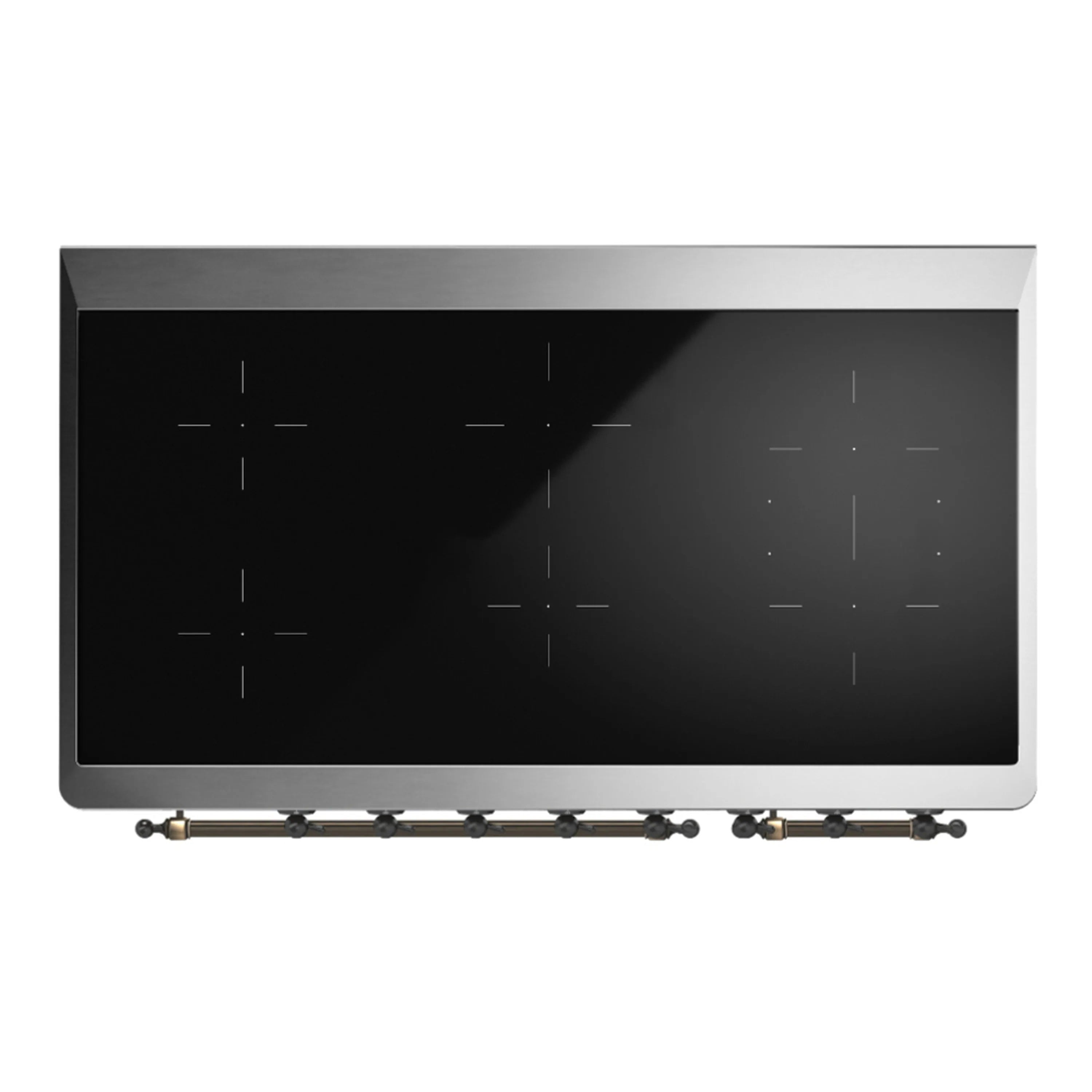Black glass cooktop surface on a blue grey induction range with burner controls.