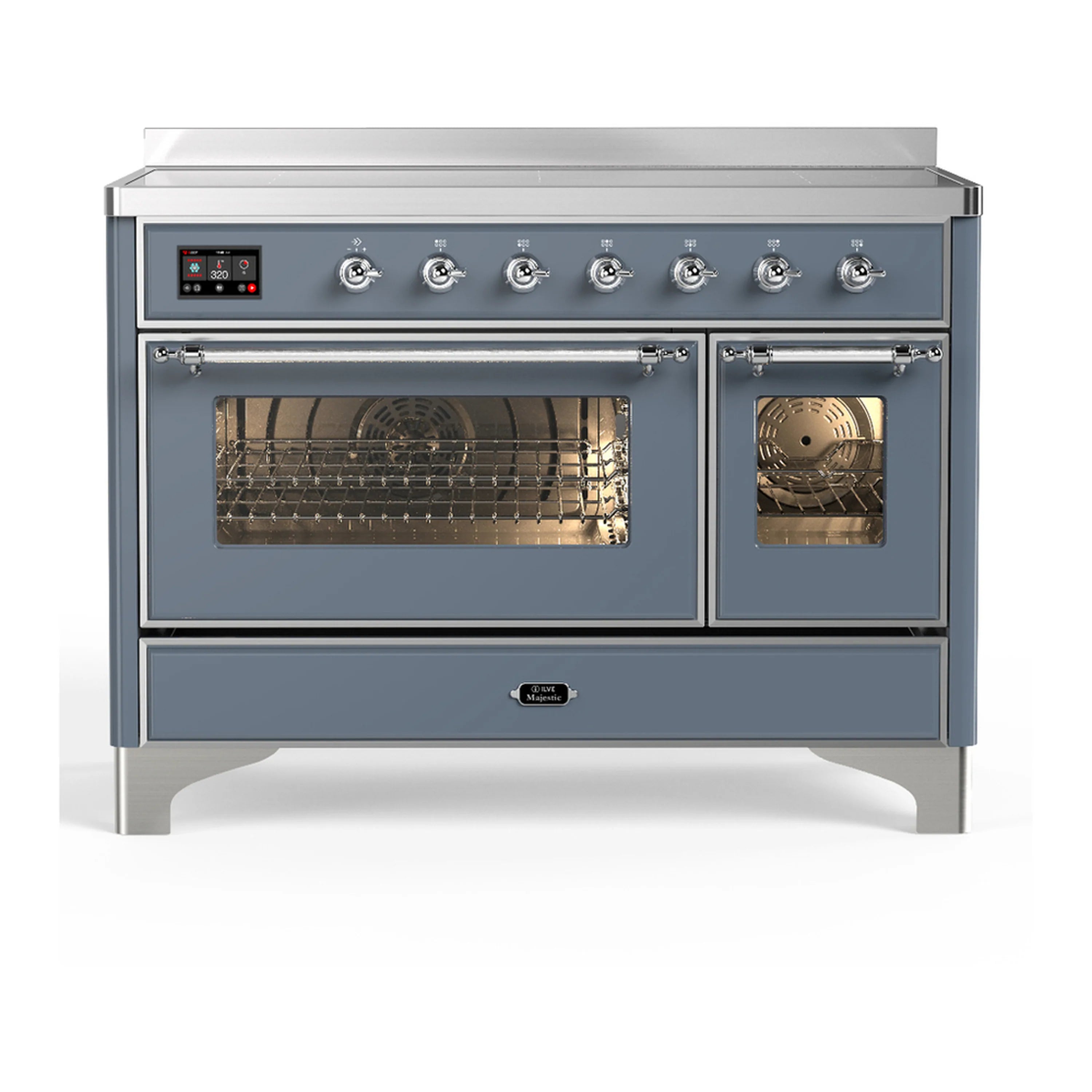 Blue grey induction range with chrome trim, two oven doors and open oven interiors