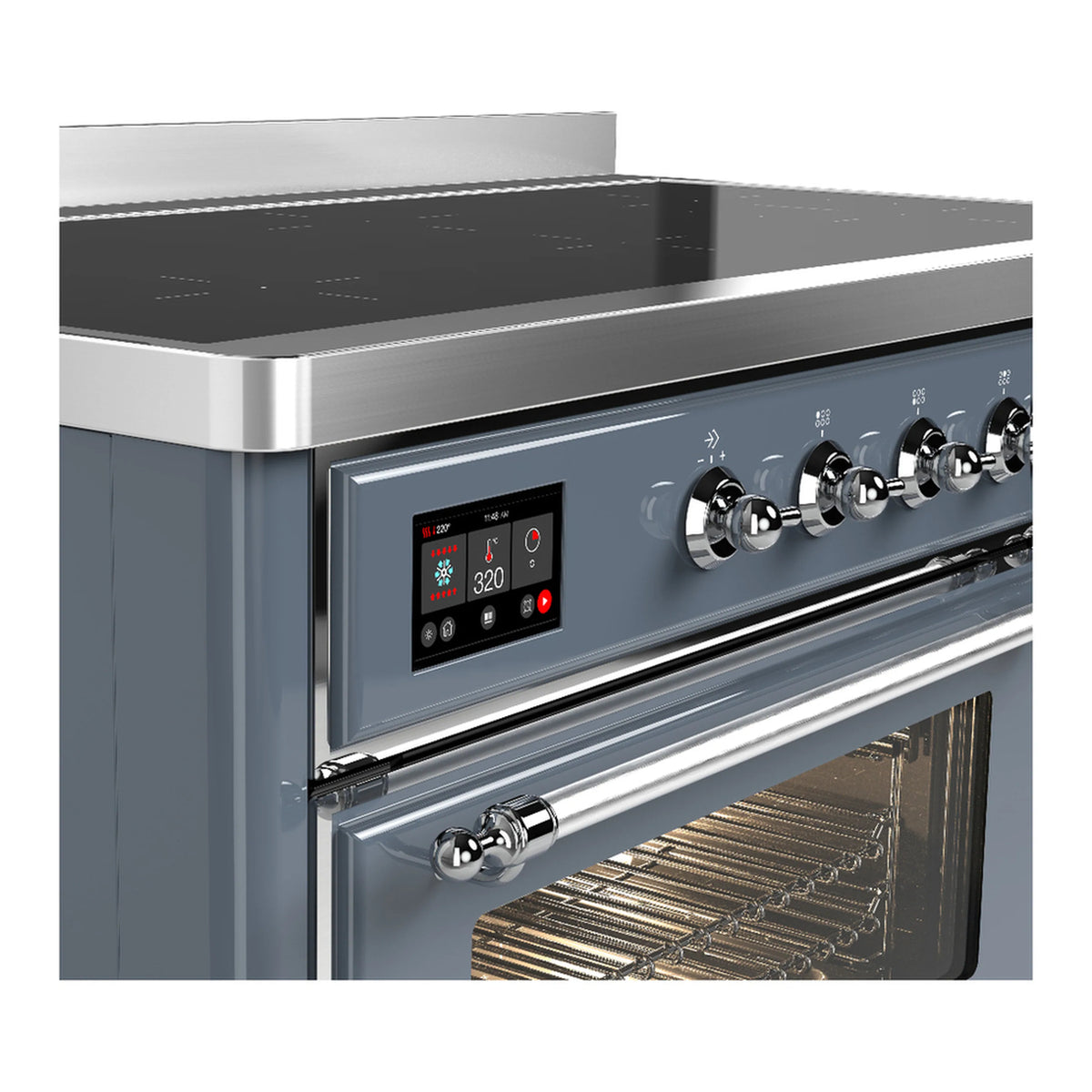 Induction range control panel with blue display and stainless knobs above oven