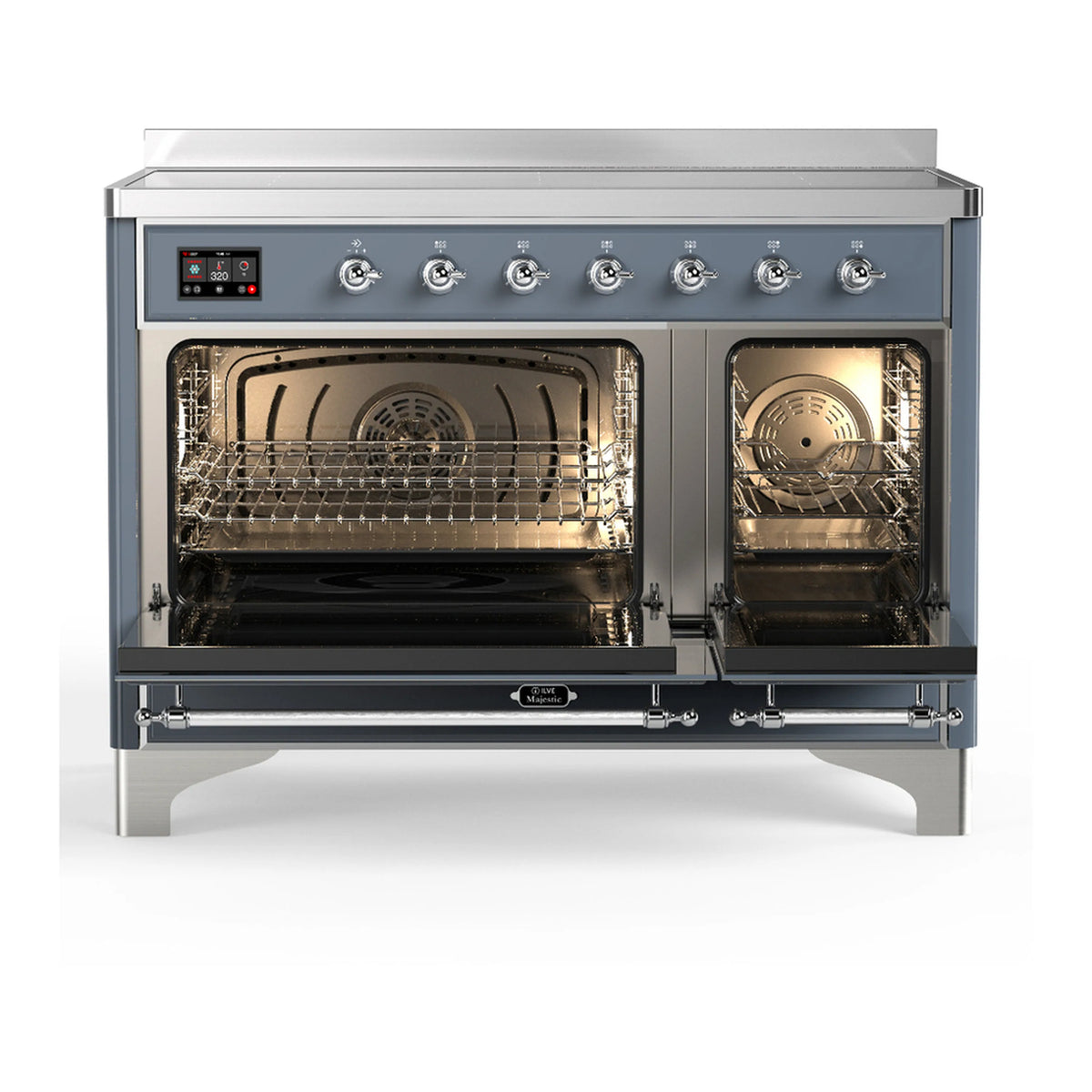 Blue grey induction range with two glass oven doors open, racks and heating elements
