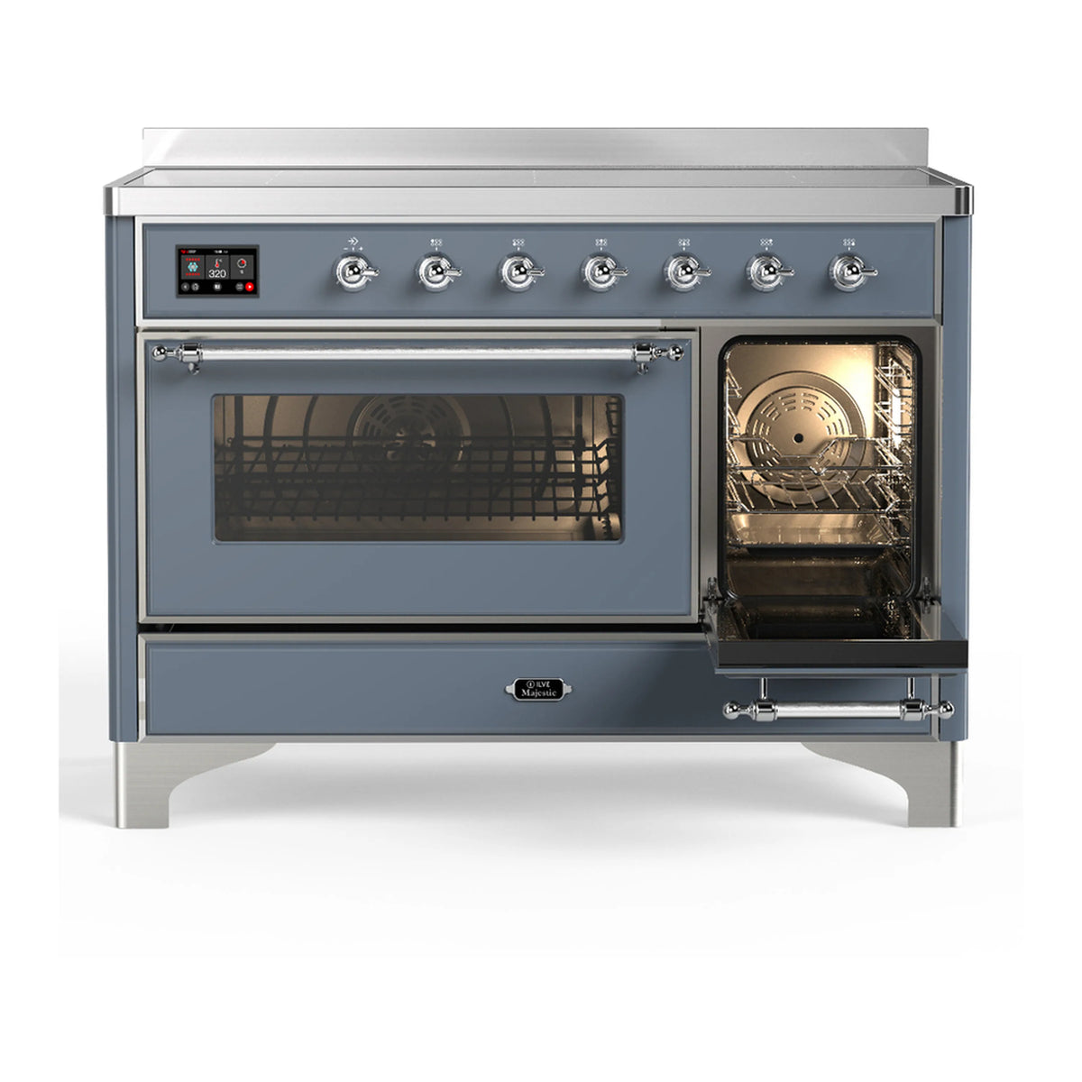 Blue grey induction range with one oven door open, interior lights and racks visible
