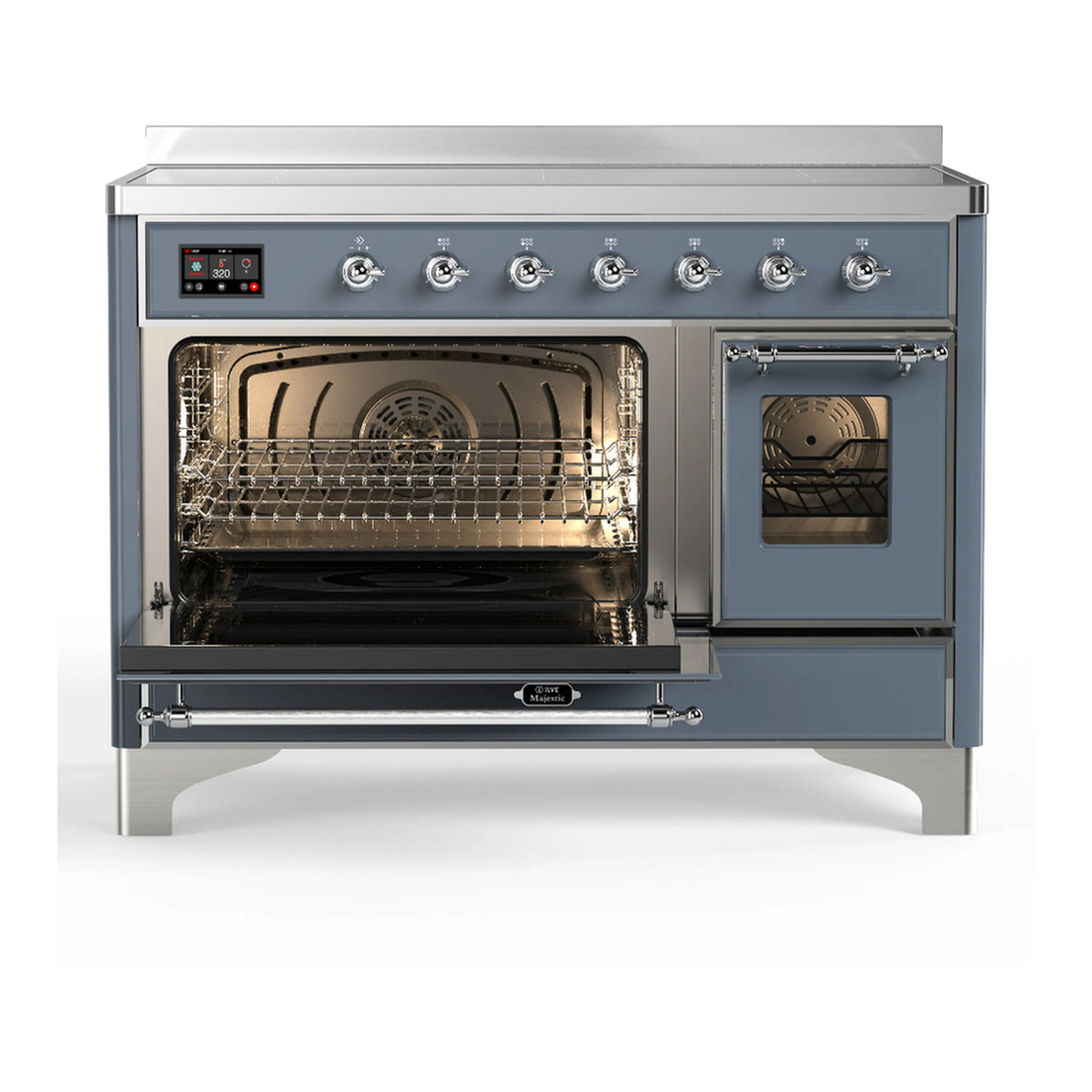 Blue grey induction range with both ovens open, glass doors showing racks and fans