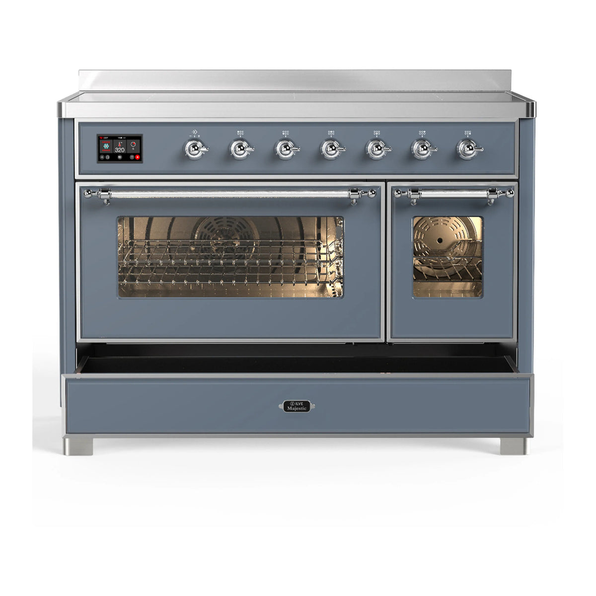 Blue grey induction range with double ovens closed, view of control panel and knobs