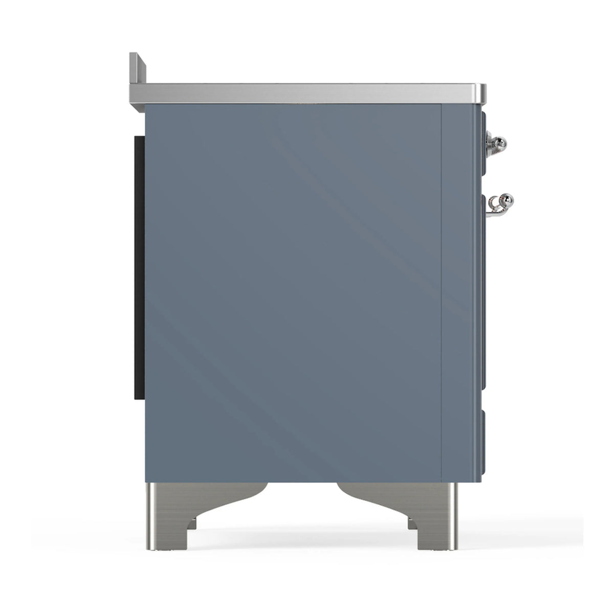 Side view of blue grey induction range with chrome legs and control knobs