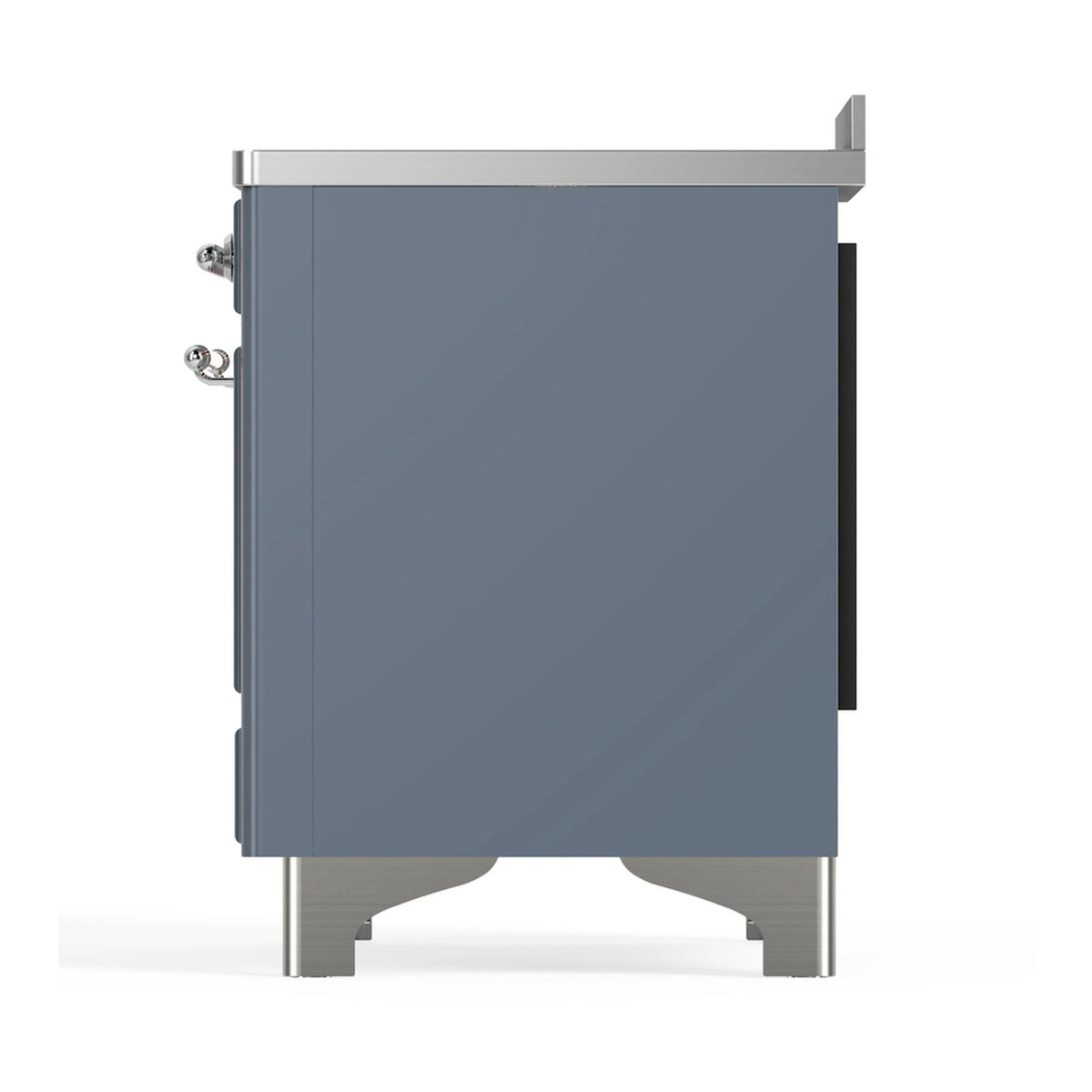 Rear side view of blue grey induction range with chrome legs and handle