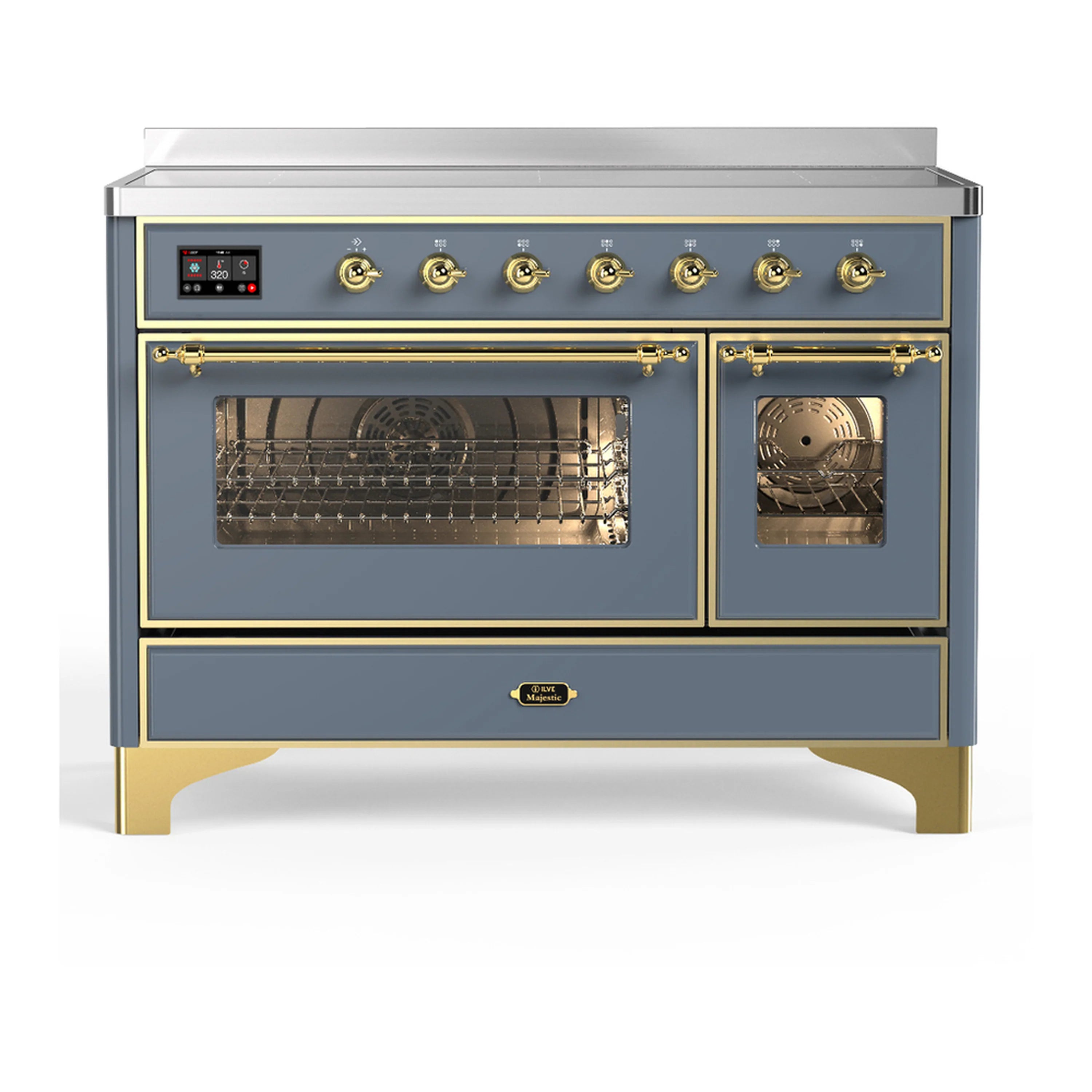 Blue-grey induction range with brass trim; front oven doors open with racks and fan visible