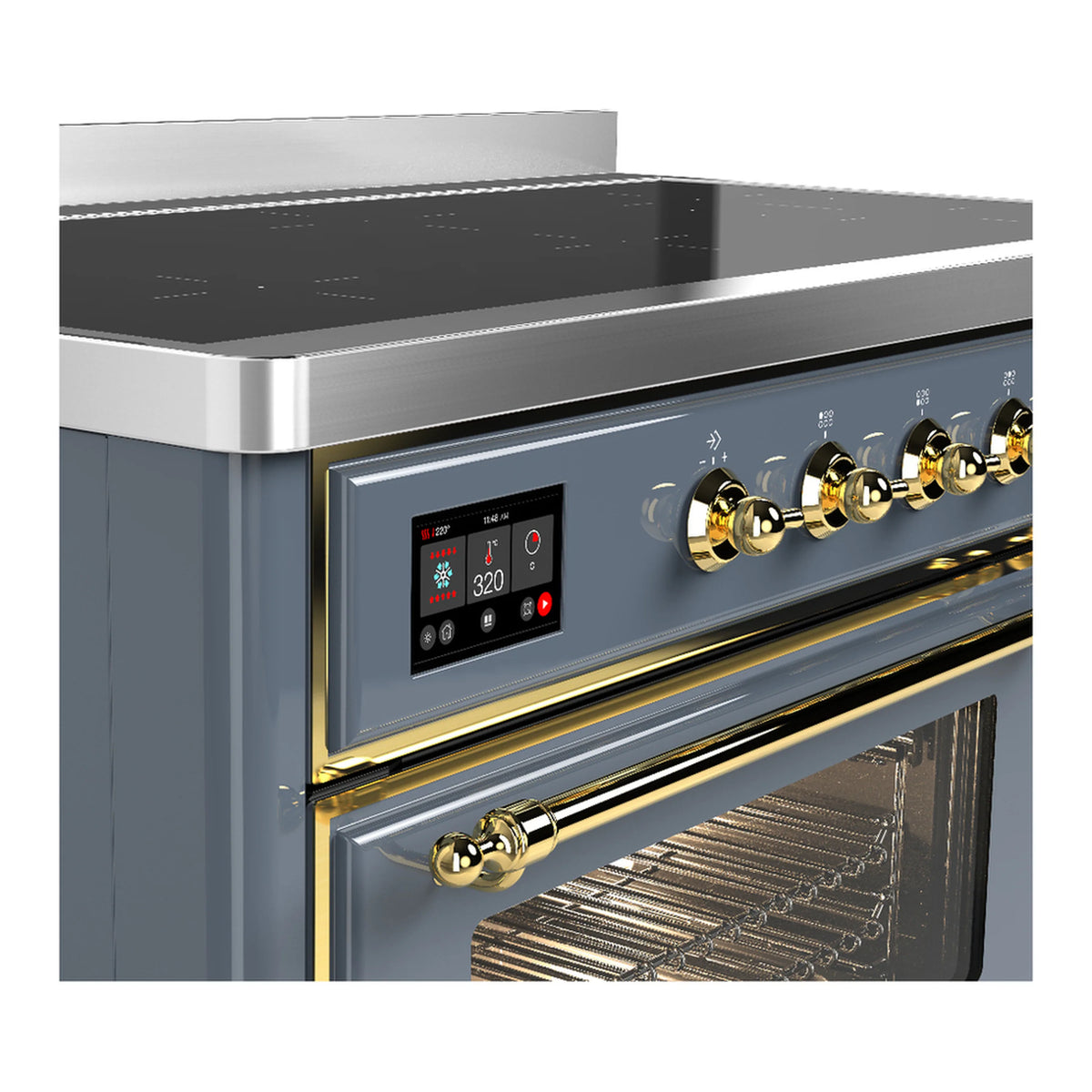 Blue-grey induction range control panel with red display and brass knobs above oven door