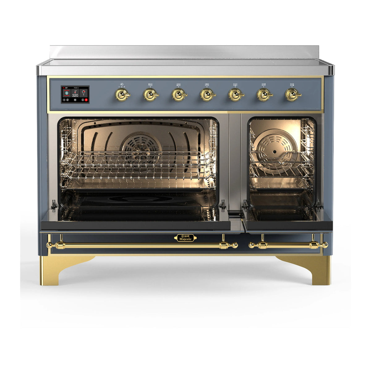 Blue-grey induction range with brass trim; double oven doors open to show racks inside