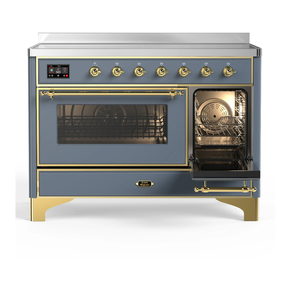 Blue-grey induction range with brass trim; one oven door open with interior racks visible