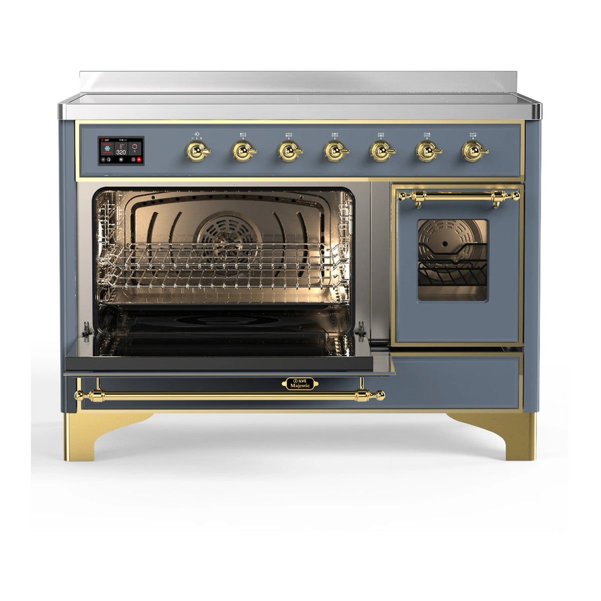 Blue-grey induction range with brass trim; both oven doors open showing lit interior