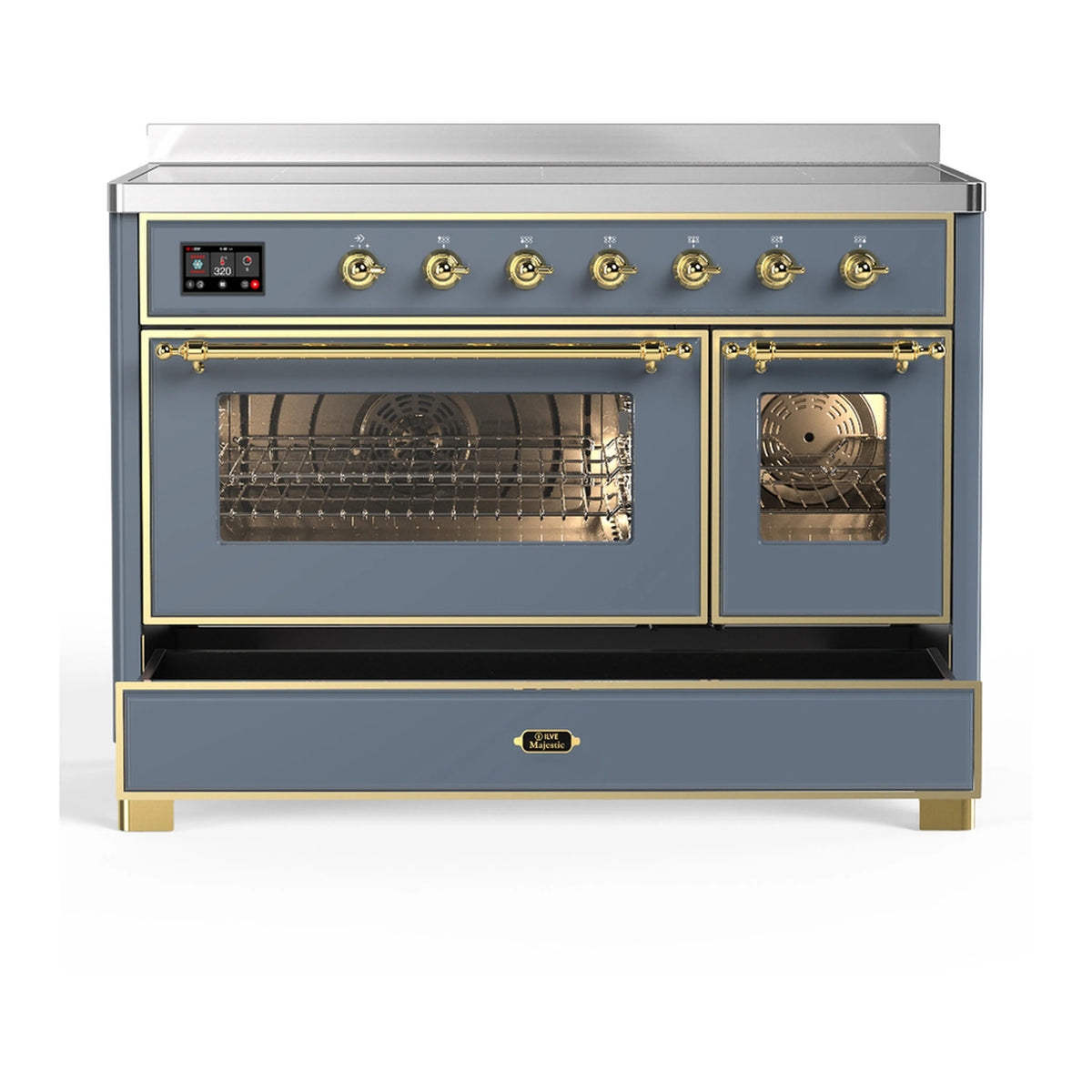 Blue-grey induction range with brass trim; two oven doors open with racks inside