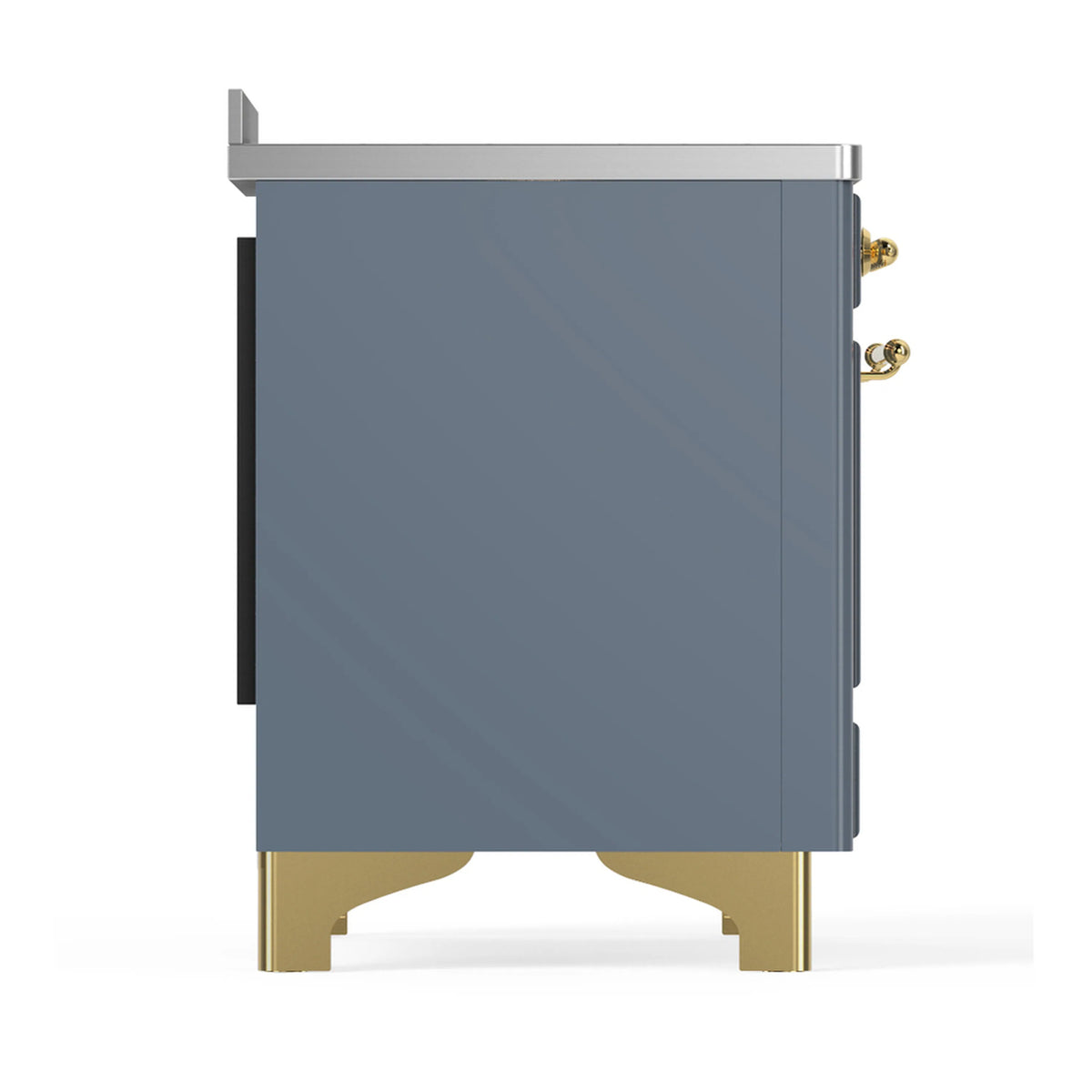 Blue-grey induction range side panel with brass handle detail and brass feet