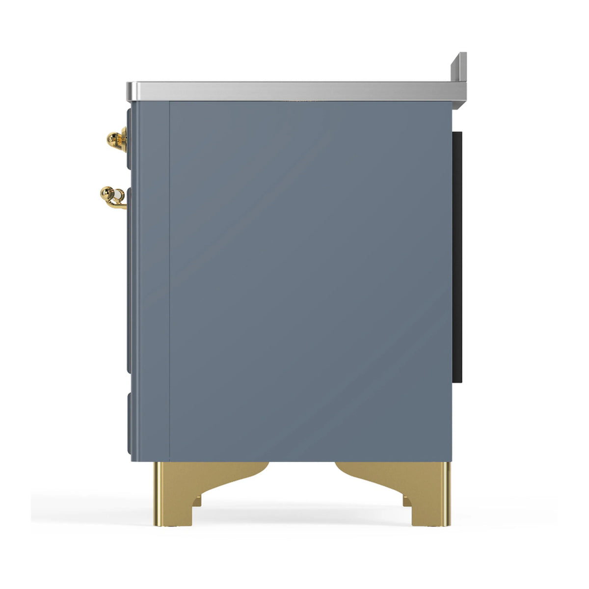 Blue-grey induction range back panel with brass accents and support feet