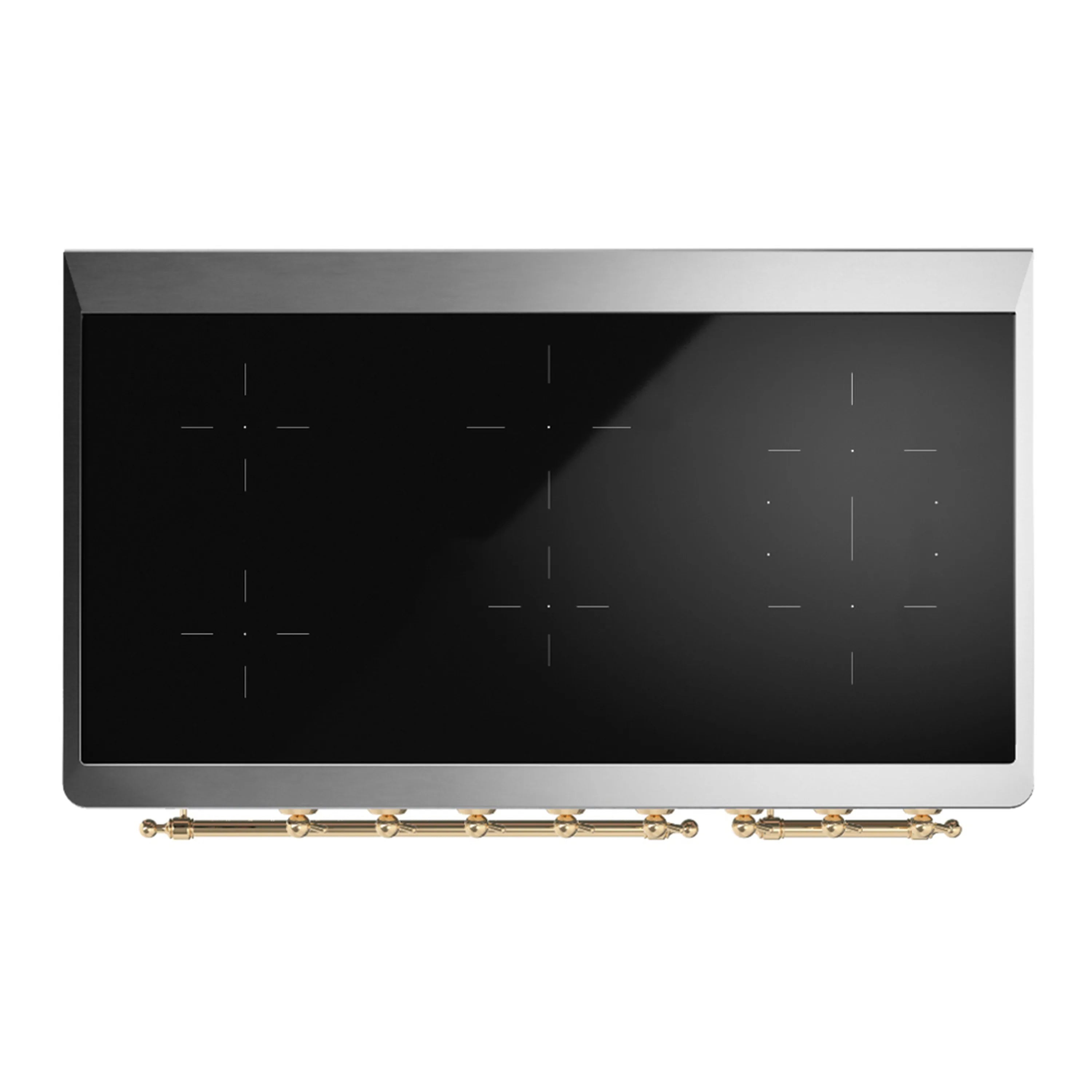 Black cooktop glass with brass trim on a blue-grey induction range