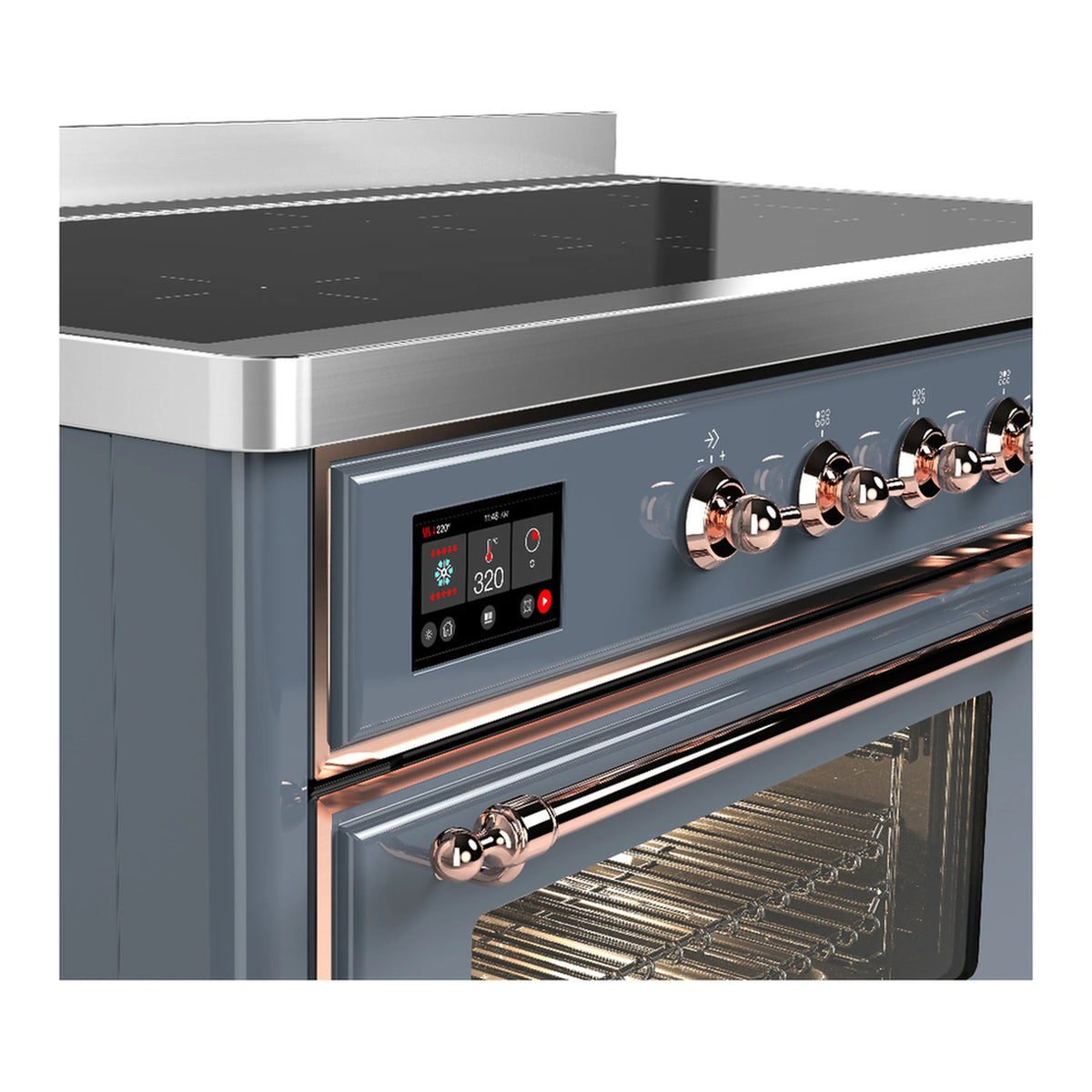 Blue-grey induction range control panel with digital display and copper-finish knobs