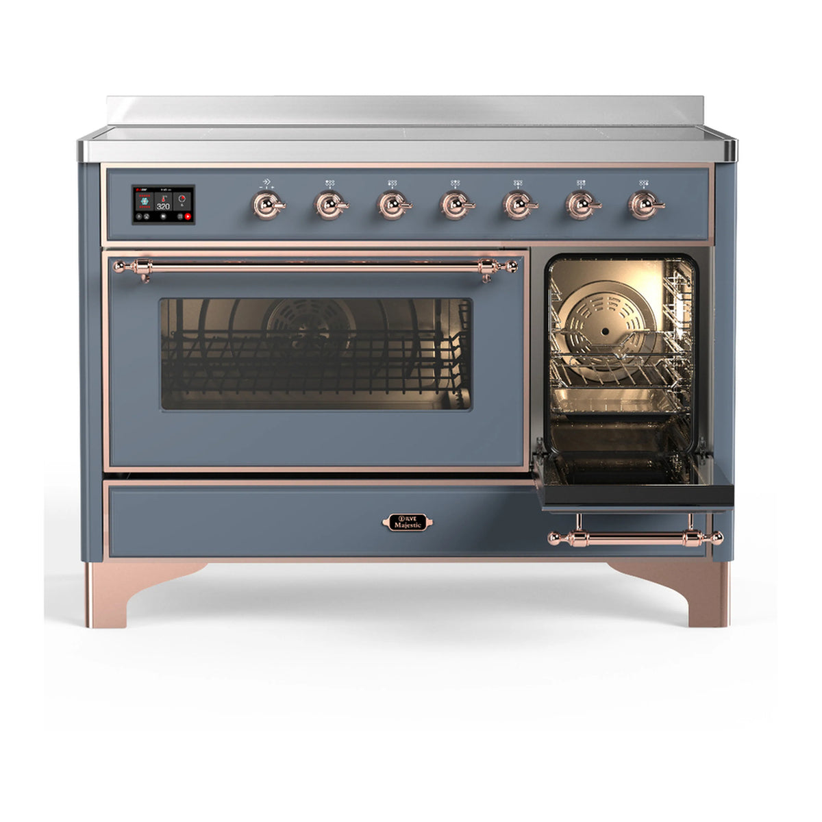 Blue-grey induction range with copper trim, left oven door closed and right door open