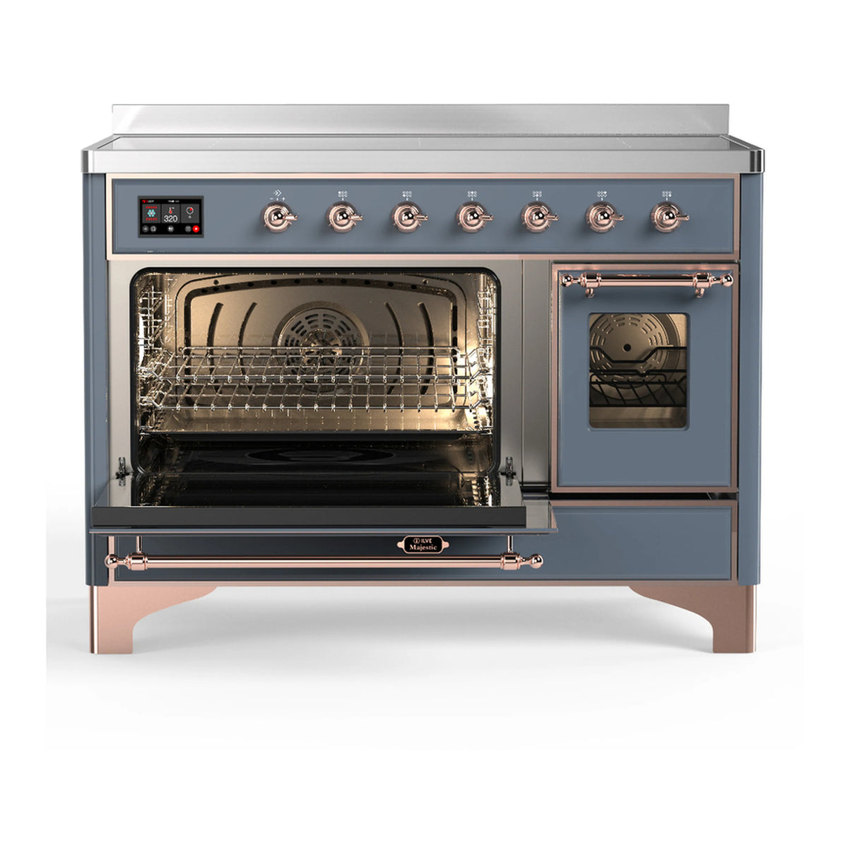 Blue-grey induction range with copper trim, left oven open, right oven closed door