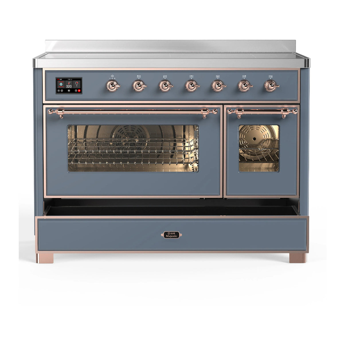 Blue-grey induction range with copper trim, oven compartments open, and storage drawer