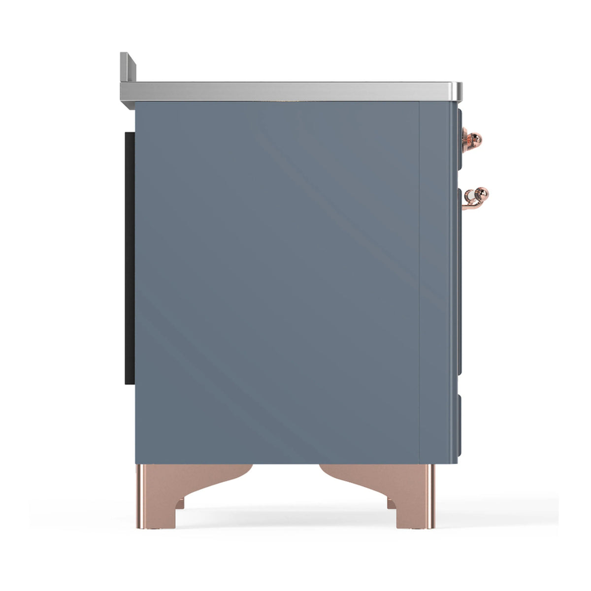 Back panel of blue-grey induction range with side handles and copper base feet
