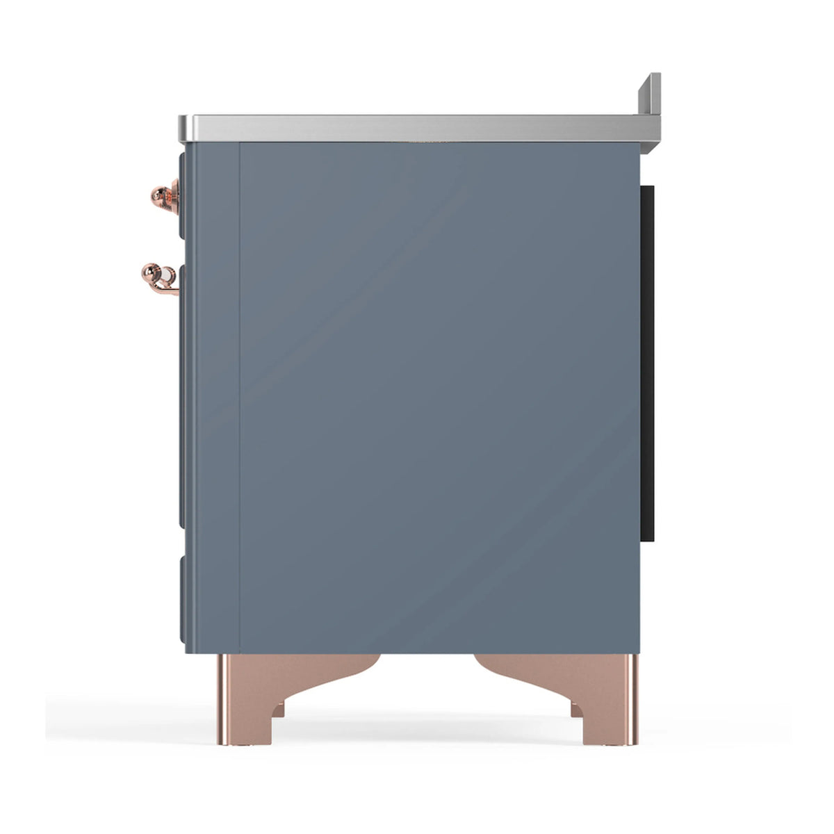 Side view of blue-grey induction range cabinet with copper trim at corners