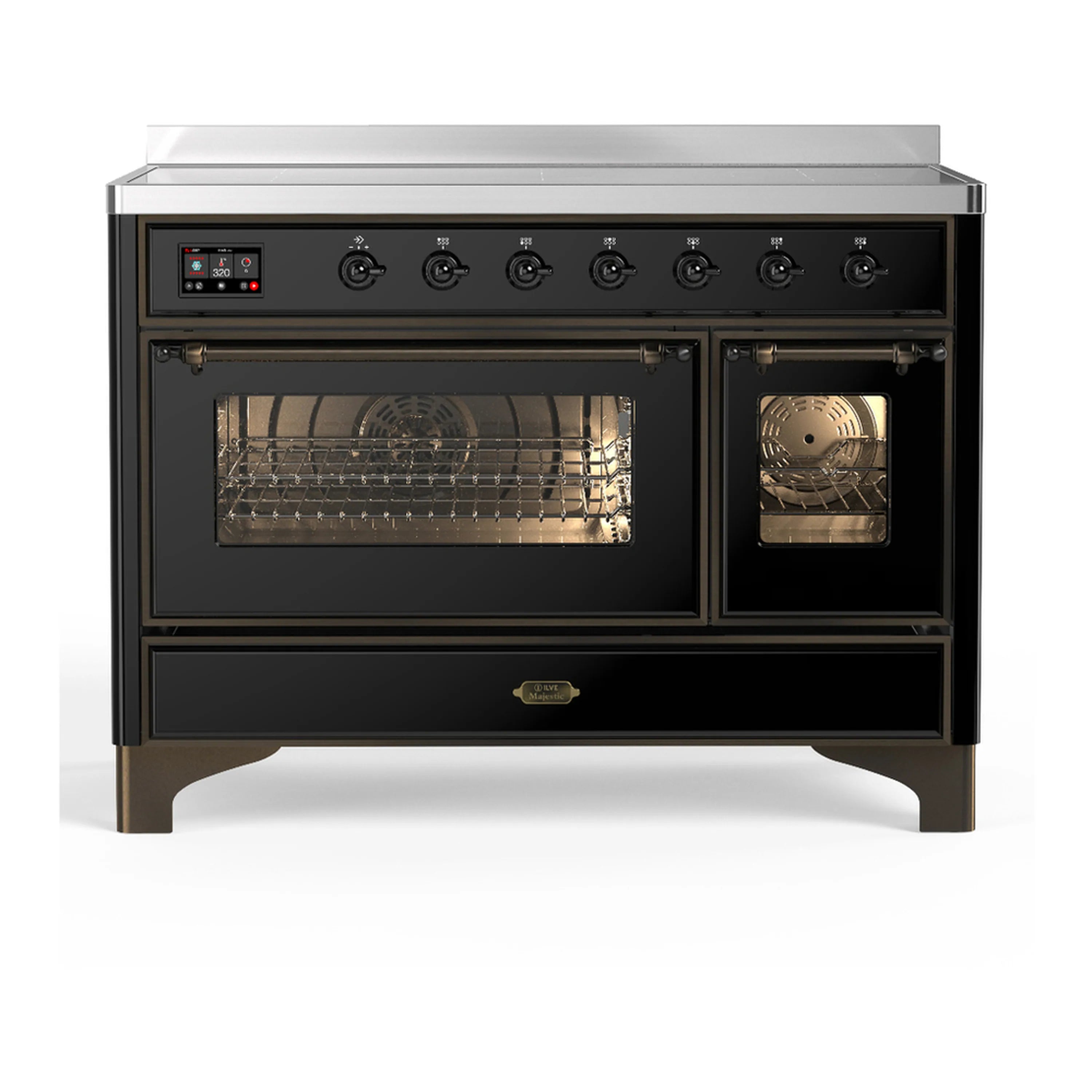 Glossy black induction range with open triple-glass ovens and control panel