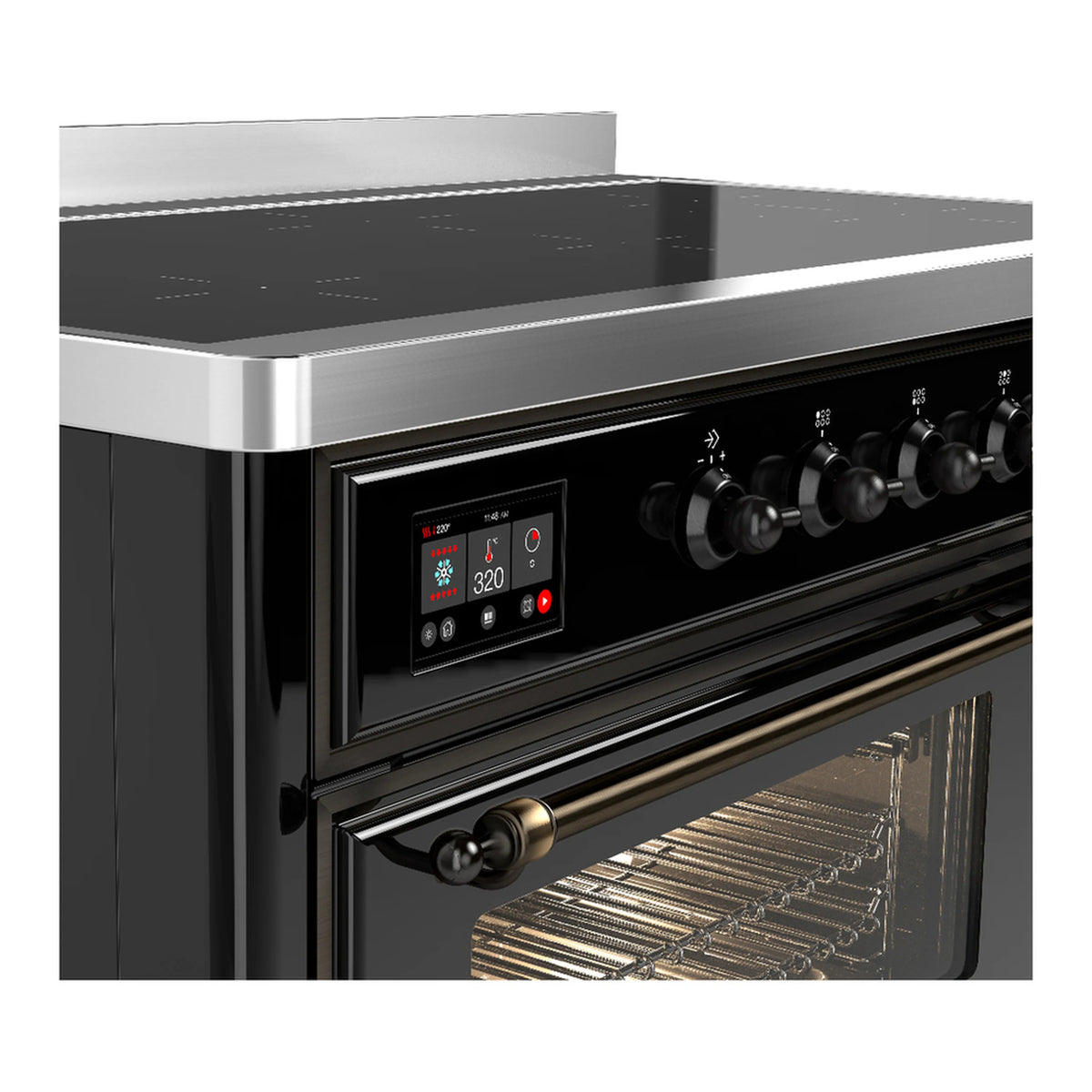 Glossy black induction range control panel with lit display and rotary knobs