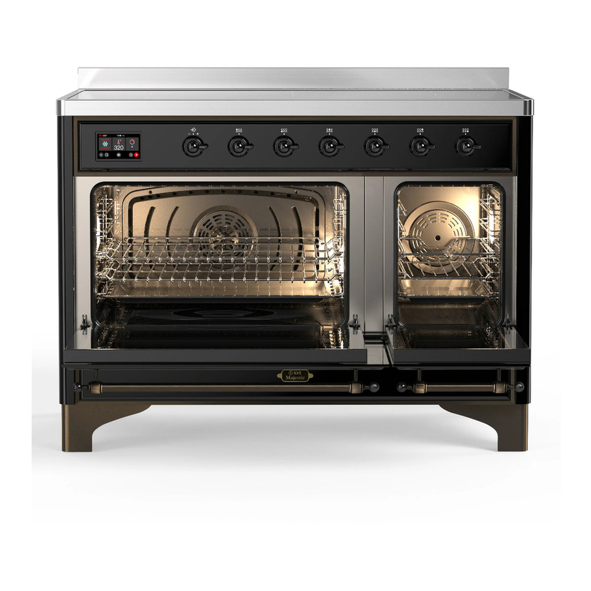 Induction range with both ovens open, lit racks, and burnished metal handles