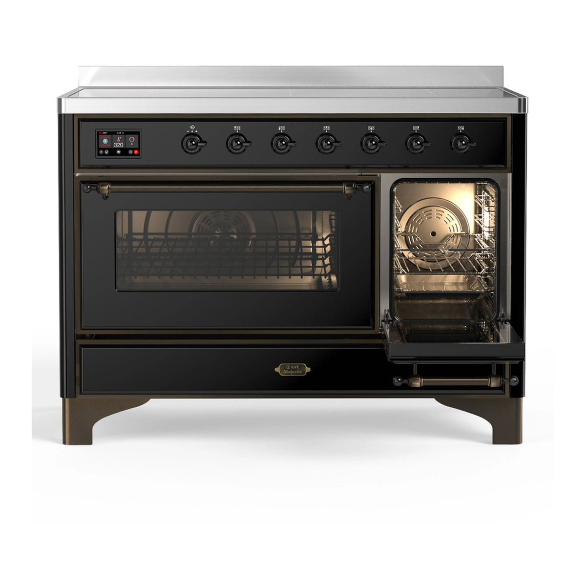 Induction range with single oven door open, internal light, and control knobs