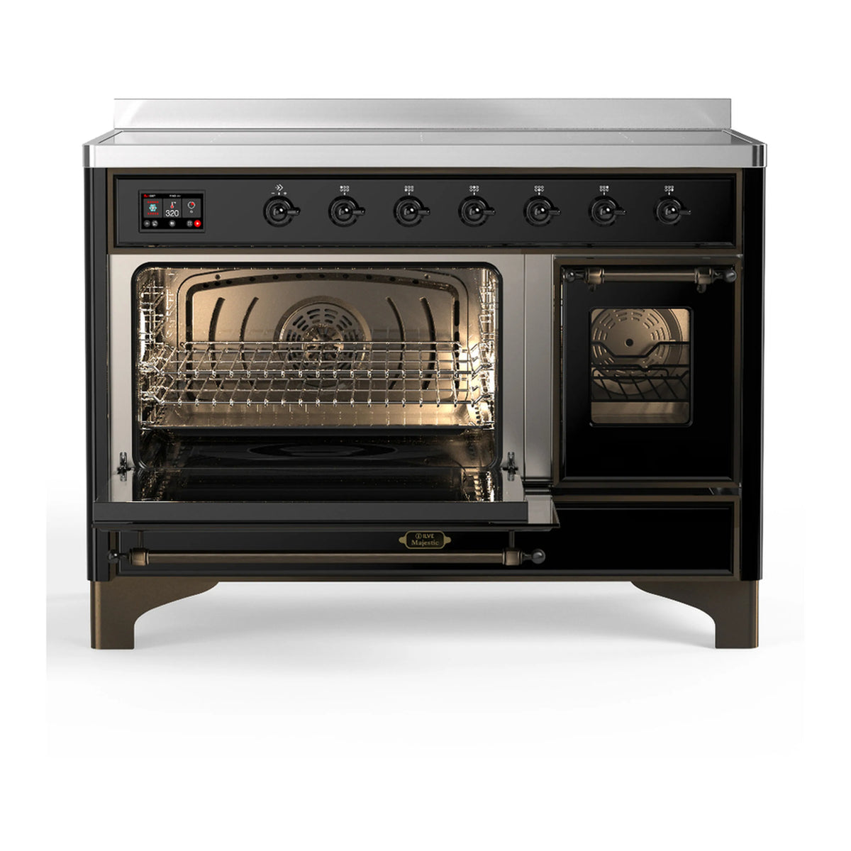 Induction range with left oven open, lit heating elements, and oven rack