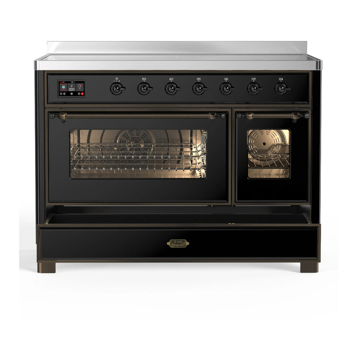 Induction range with both ovens closed, glossy black finish, and control knobs