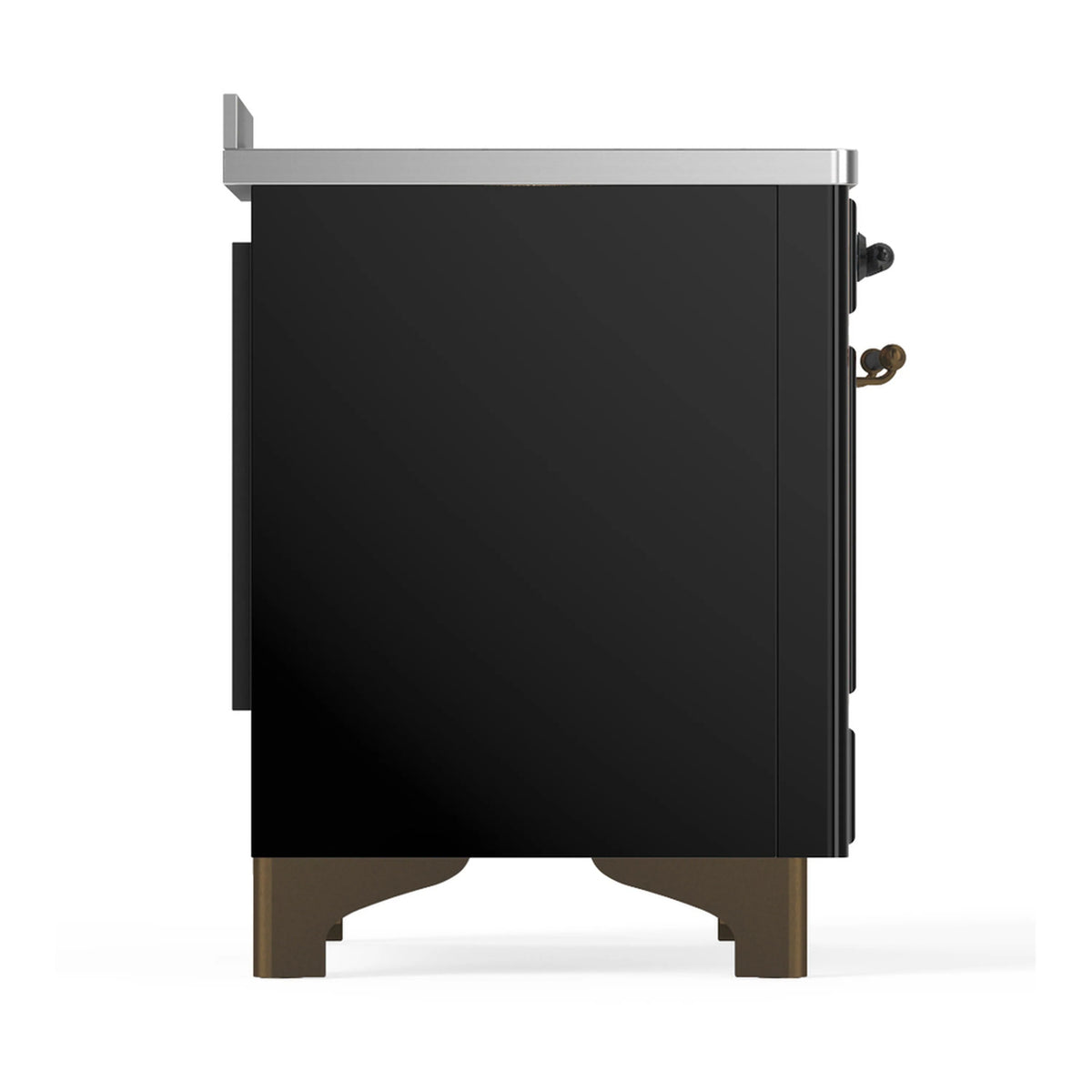 Glossy black induction range side view with brushed metal trim and controls