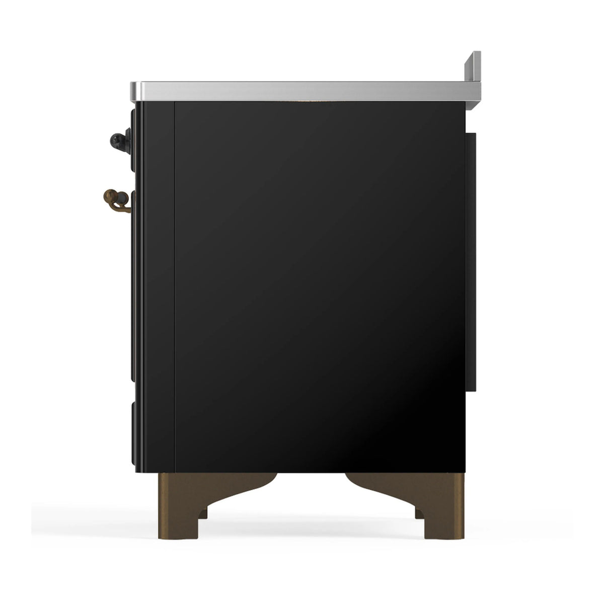 Glossy black induction range rear-side view with burnished corner trim