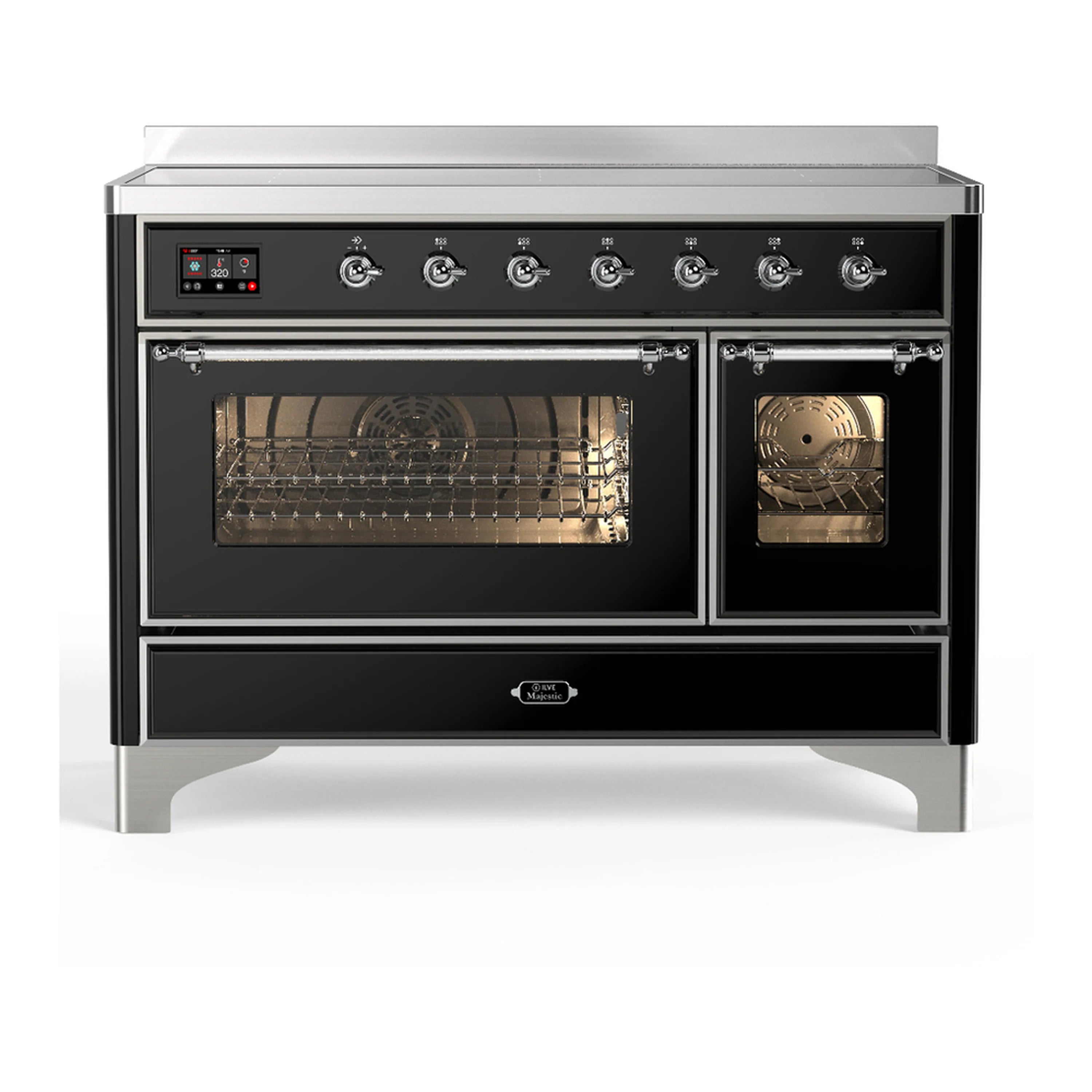 ILVE Majestic III 48-inch induction range in glossy black, both oven doors open and lit